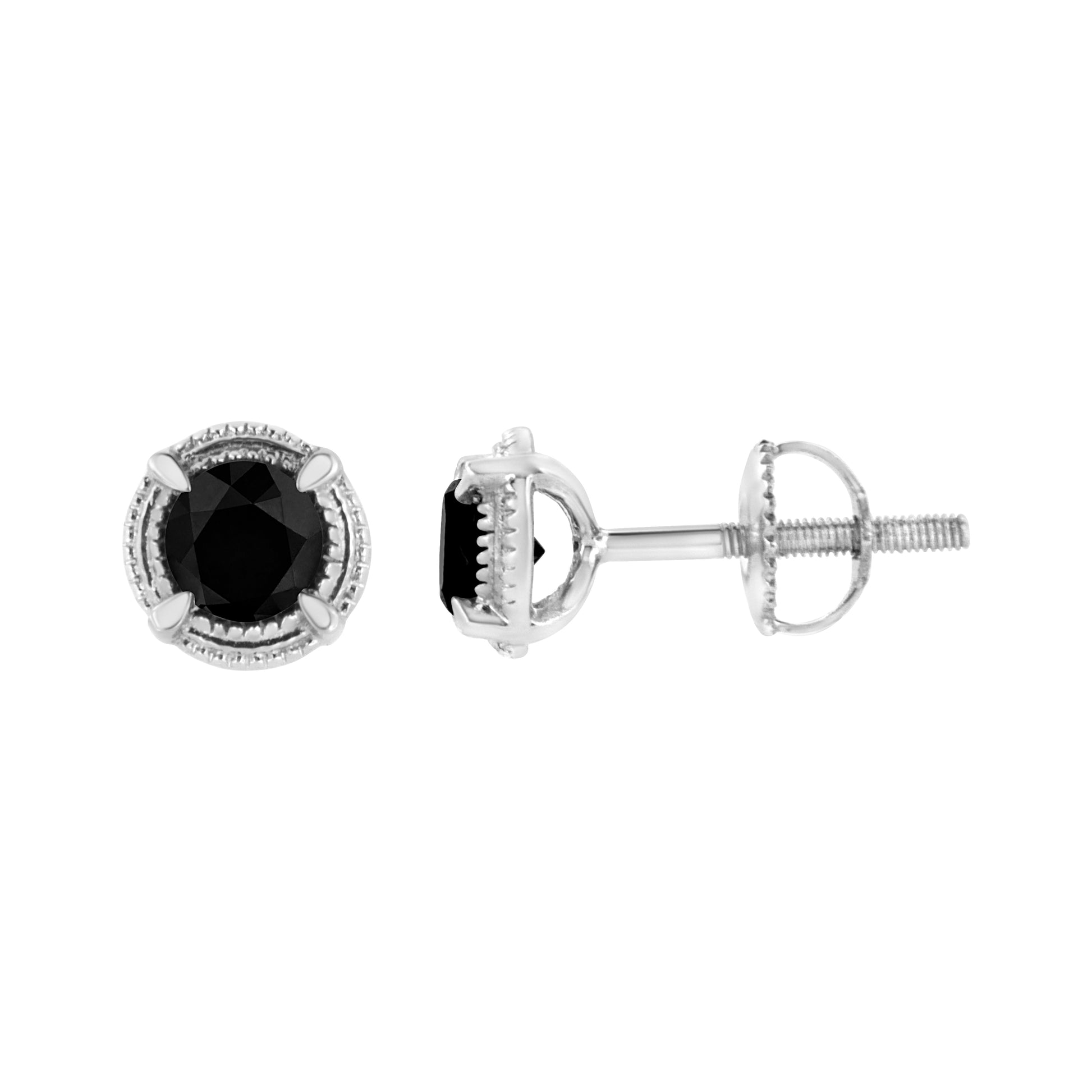 .925 Sterling Silver 1 cttw Treated Black Diamond Modern 4-Prong Solitaire Milgrain Stud Earrings (Black Color, I1-I2 Clarity) Bids.com