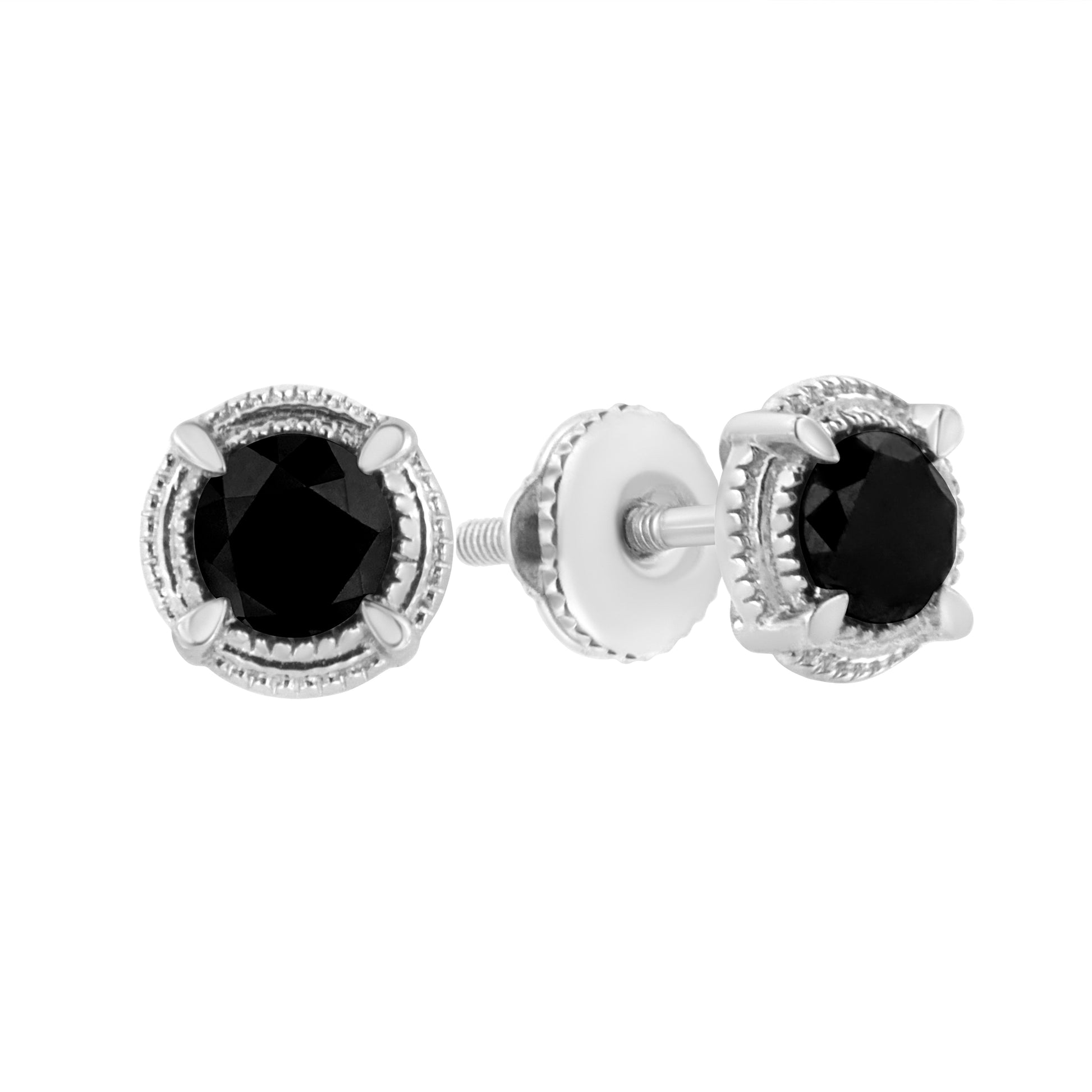 .925 Sterling Silver 1 cttw Treated Black Diamond Modern 4-Prong Solitaire Milgrain Stud Earrings (Black Color, I1-I2 Clarity) Bids.com