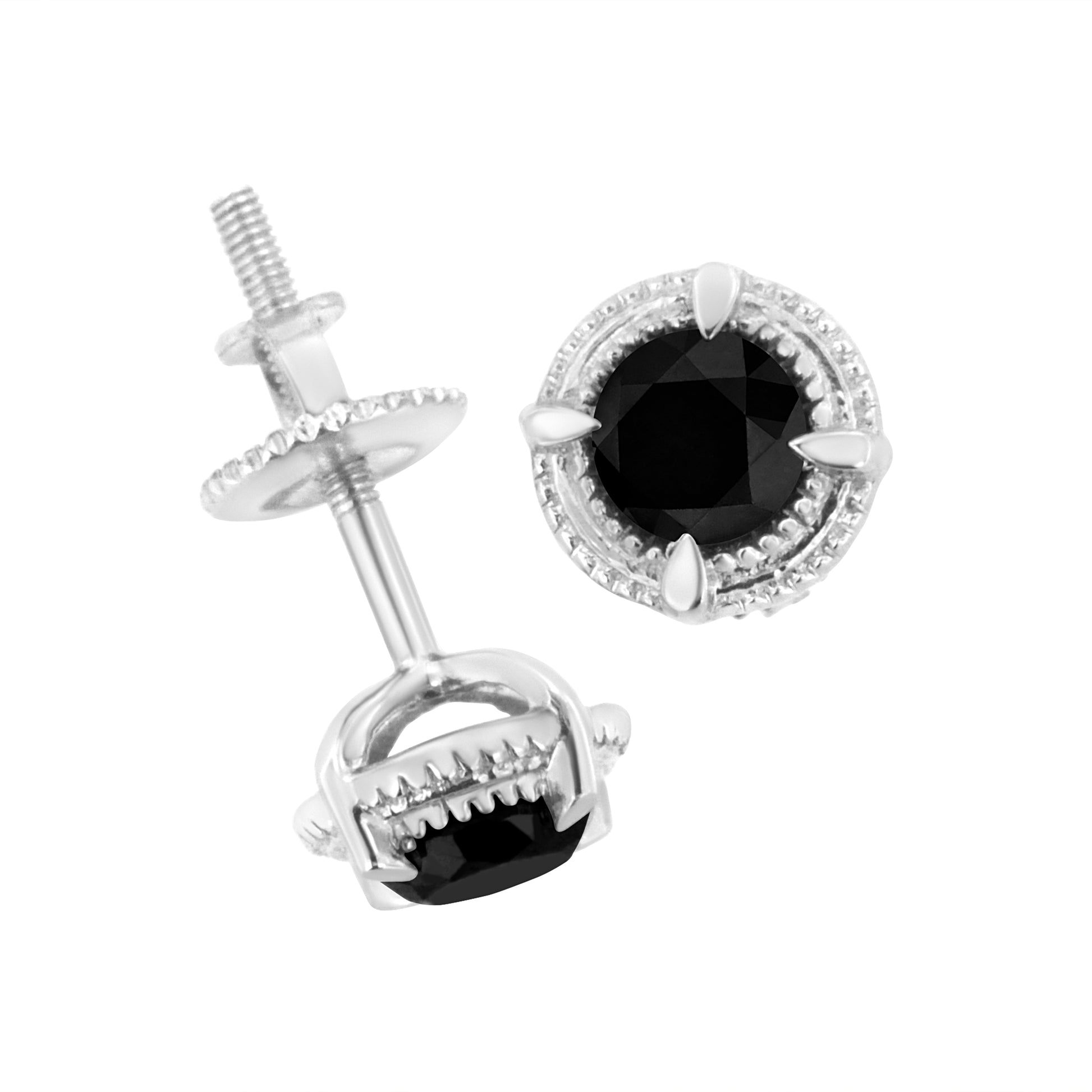 .925 Sterling Silver 1 cttw Treated Black Diamond Modern 4-Prong Solitaire Milgrain Stud Earrings (Black Color, I1-I2 Clarity) Bids.com