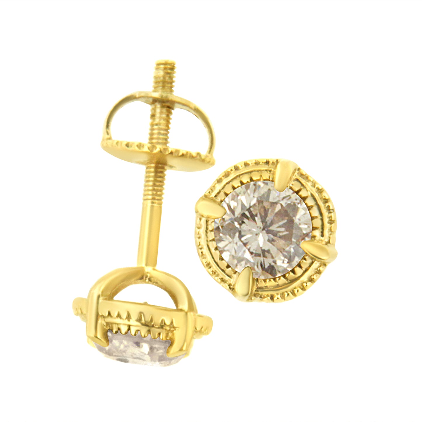 14K Yellow Gold Plated .925 Sterling Silver 1.0 Cttw Round Brilliant Cut Diamond Solitaire Milgrain Stud Earrings (K-L Color, I2-I3 Clarity) Bids.com
