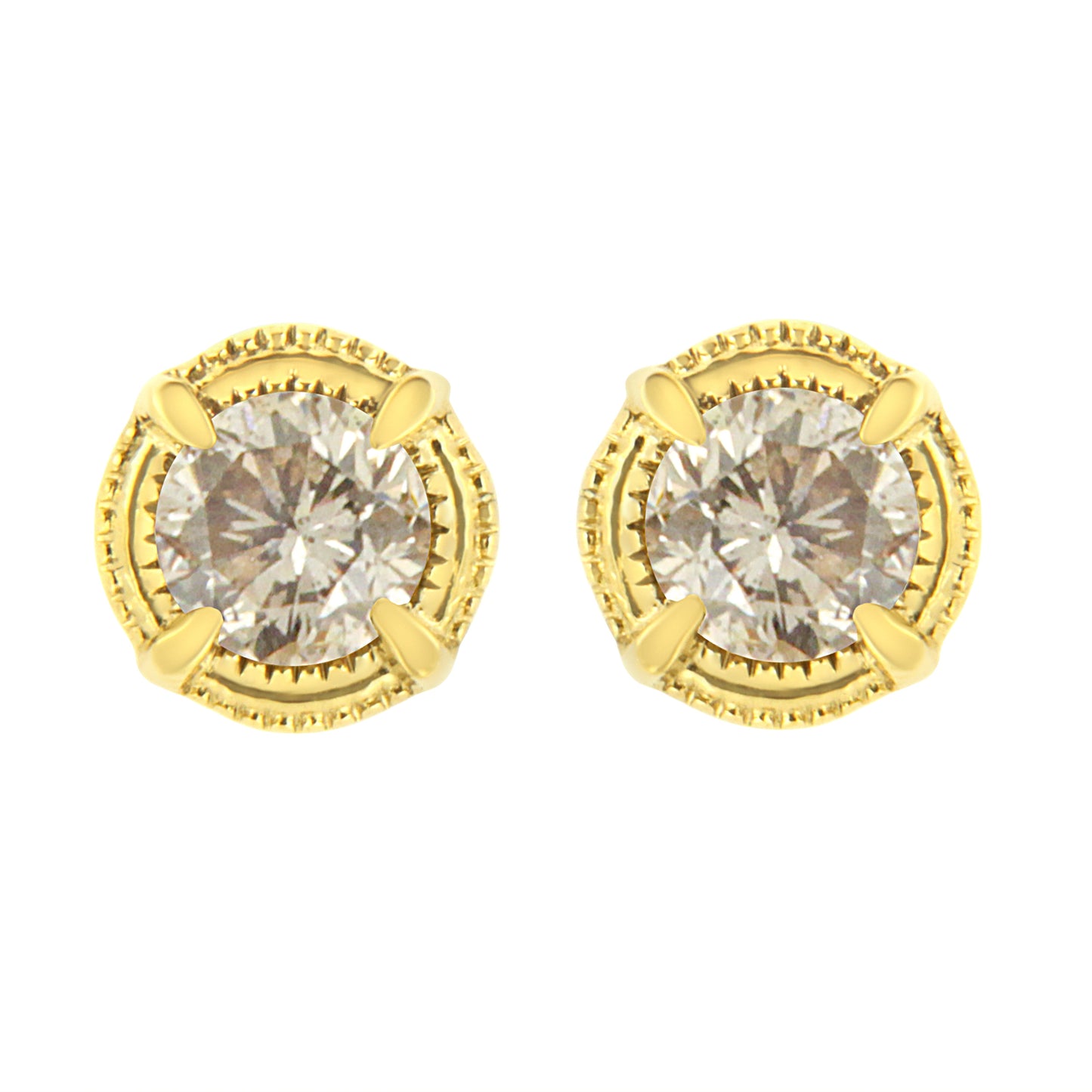 14K Yellow Gold Plated .925 Sterling Silver 1.0 Cttw Round Brilliant Cut Diamond Solitaire Milgrain Stud Earrings (K-L Color, I2-I3 Clarity) Bids.com