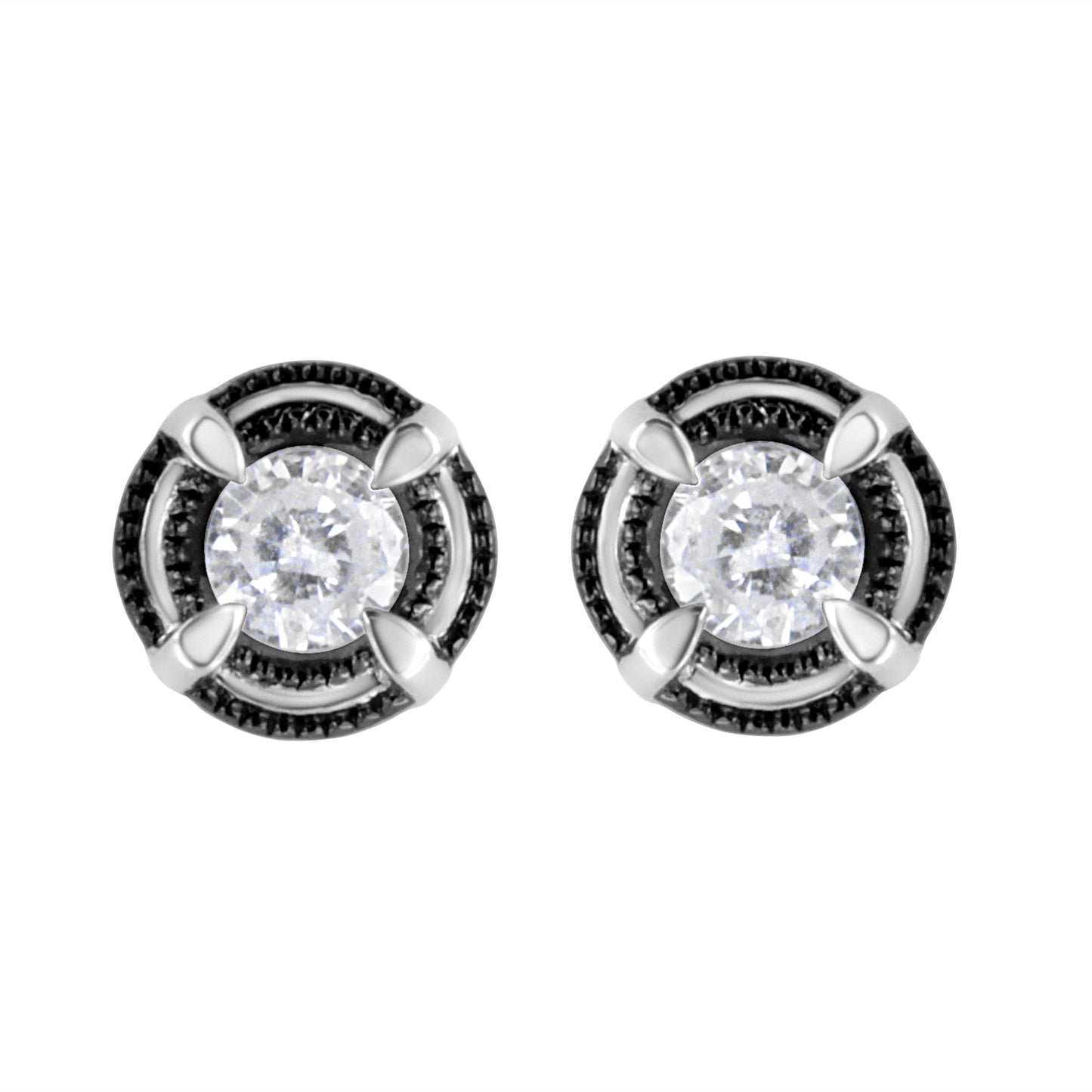 Black Rhodium Plated .925 Sterling Silver Round 1-1/2 cttw Diamond Double Halo 4-Prong Solitaire Milgrain Stud Earrings (H-I Color, I2-I3 Clarity) Bids.com