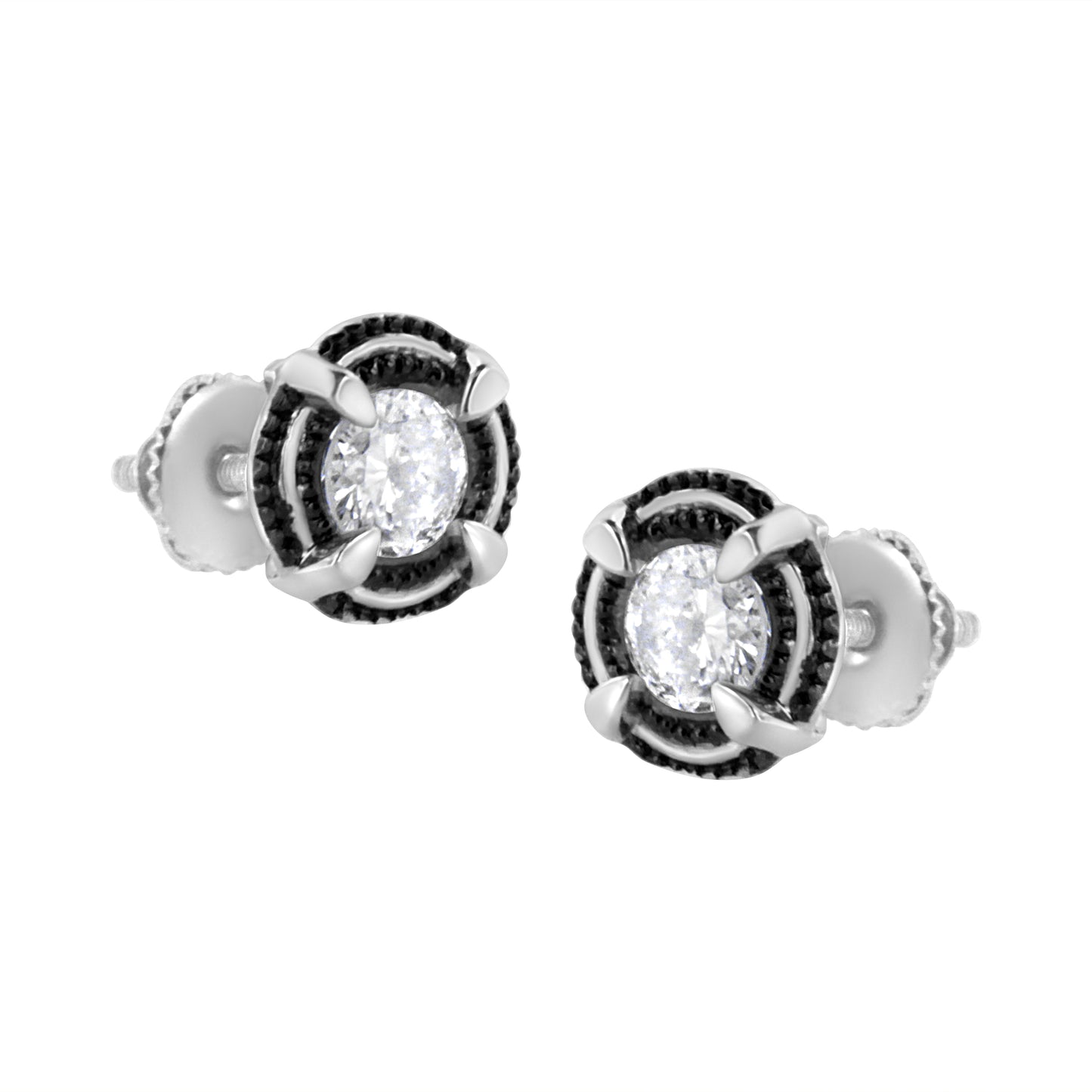 Black Rhodium Plated .925 Sterling Silver Round 1-1/2 cttw Diamond Double Halo 4-Prong Solitaire Milgrain Stud Earrings (H-I Color, I2-I3 Clarity) Bids.com