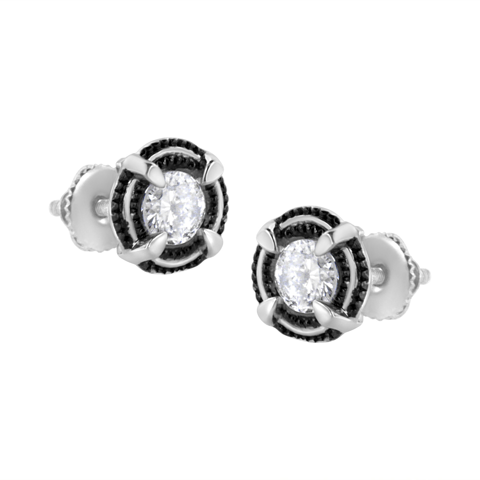 Black Rhodium Plated .925 Sterling Silver Round 1-1/2 cttw Diamond Double Halo 4-Prong Solitaire Milgrain Stud Earrings (H-I Color, I2-I3 Clarity) Bids.com