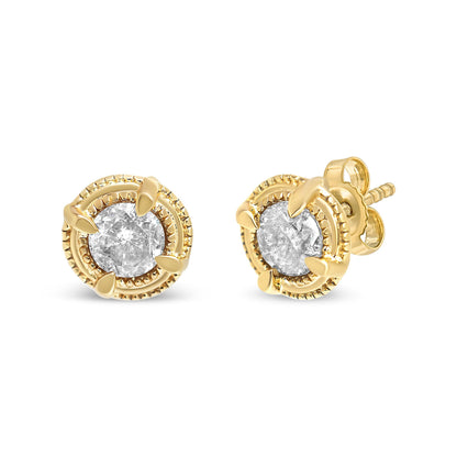 14K Yellow Gold Plated .925 Sterling Silver 1.0 Cttw Round Brilliant Cut Diamond Solitaire Milgrain Stud Earrings (K-L Color, I2-I3 Clarity) Bids.com