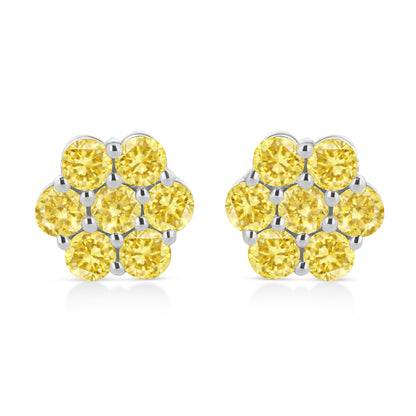 .925 Sterling Silver 1/4 Cttw Treated Yellow Diamond Floral Stud Earrings (Yellow Color, I1-I2 Clarity) Bids.com