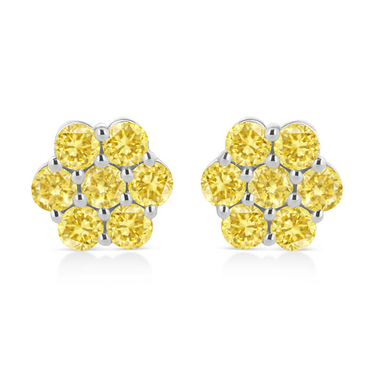 .925 Sterling Silver 1/4 Cttw Treated Yellow Diamond Floral Stud Earrings (Yellow Color, I1-I2 Clarity) Bids.com