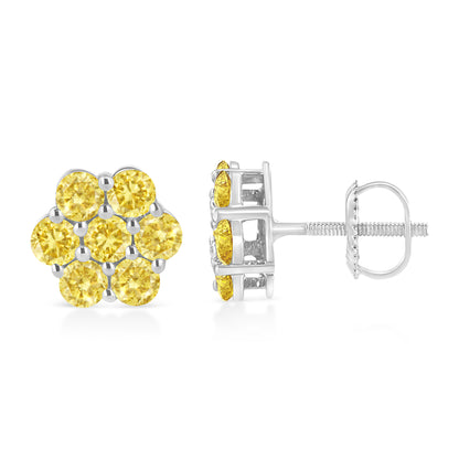 .925 Sterling Silver 1/4 Cttw Treated Yellow Diamond Floral Stud Earrings (Yellow Color, I1-I2 Clarity) Bids.com