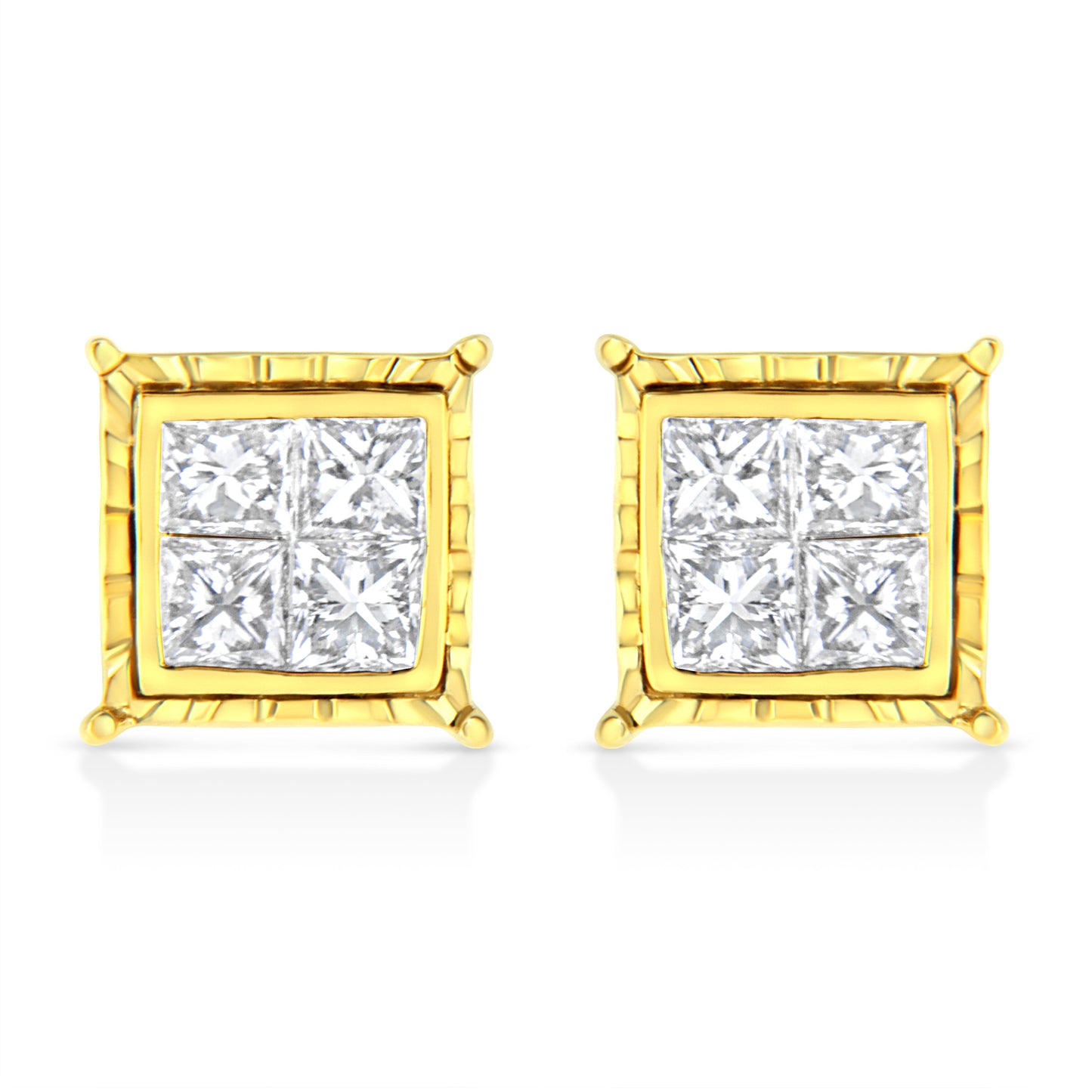 14K Yellow Gold 1.0 Cttw Invisible Set Princess-Cut Diamond Composite 8 Stone Stud Earrings (I-J Color, SI1-SI2 Clarity) Bids.com
