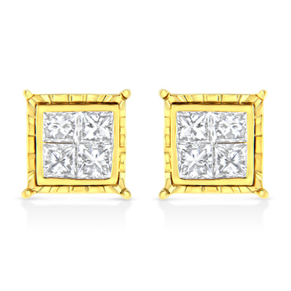 14K Yellow Gold 1.0 Cttw Invisible Set Princess-Cut Diamond Composite 8 Stone Stud Earrings (I-J Color, SI1-SI2 Clarity) Bids.com