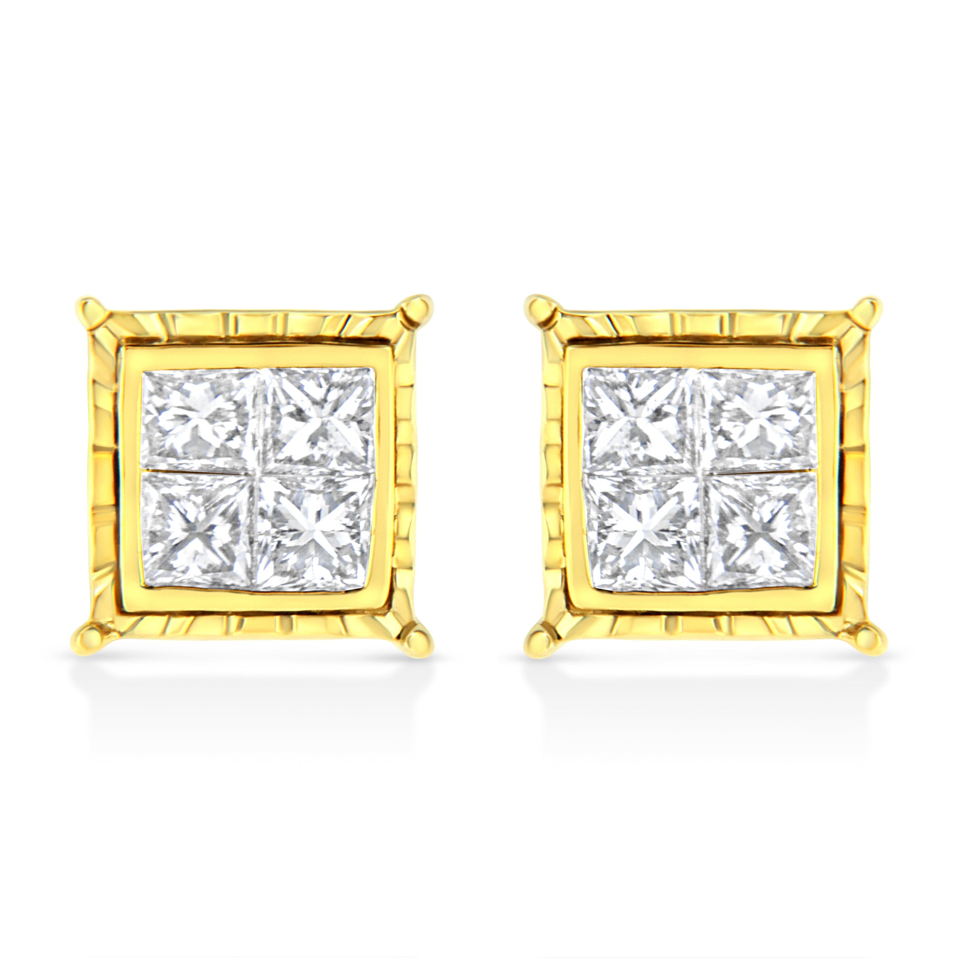 14K Yellow Gold 1.0 Cttw Invisible Set Princess-Cut Diamond Composite 8 Stone Stud Earrings (I-J Color, SI1-SI2 Clarity) Bids.com