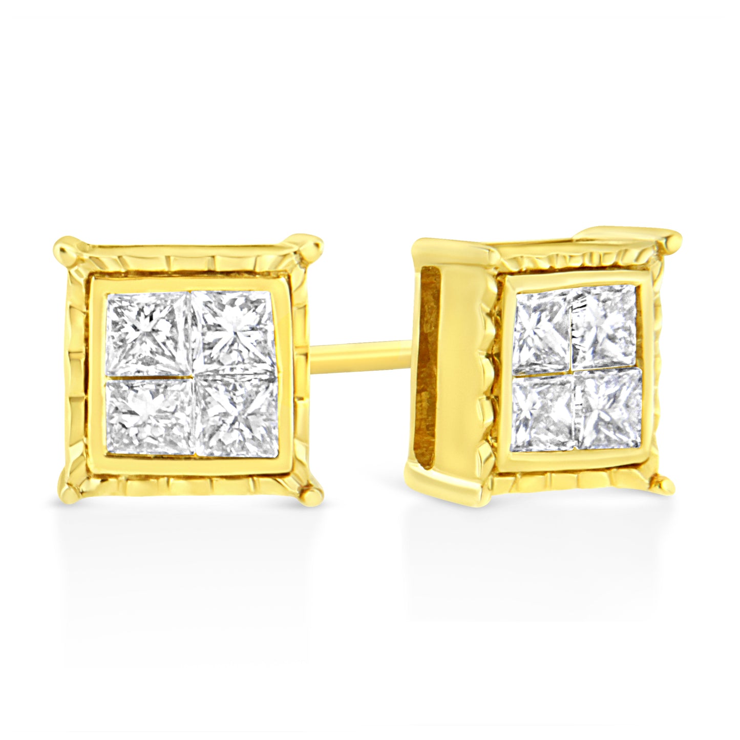 14K Yellow Gold 1.0 Cttw Invisible Set Princess-Cut Diamond Composite 8 Stone Stud Earrings (I-J Color, SI1-SI2 Clarity) Bids.com