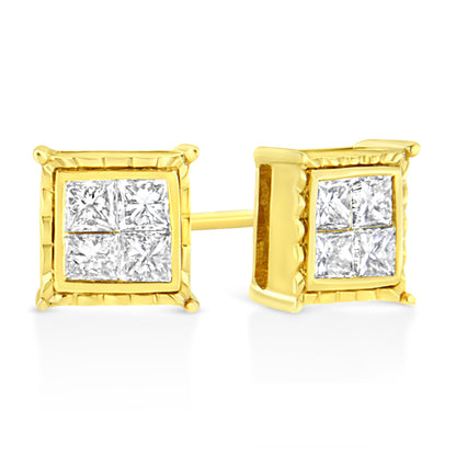 14K Yellow Gold 1.0 Cttw Invisible Set Princess-Cut Diamond Composite 8 Stone Stud Earrings (I-J Color, SI1-SI2 Clarity) Bids.com