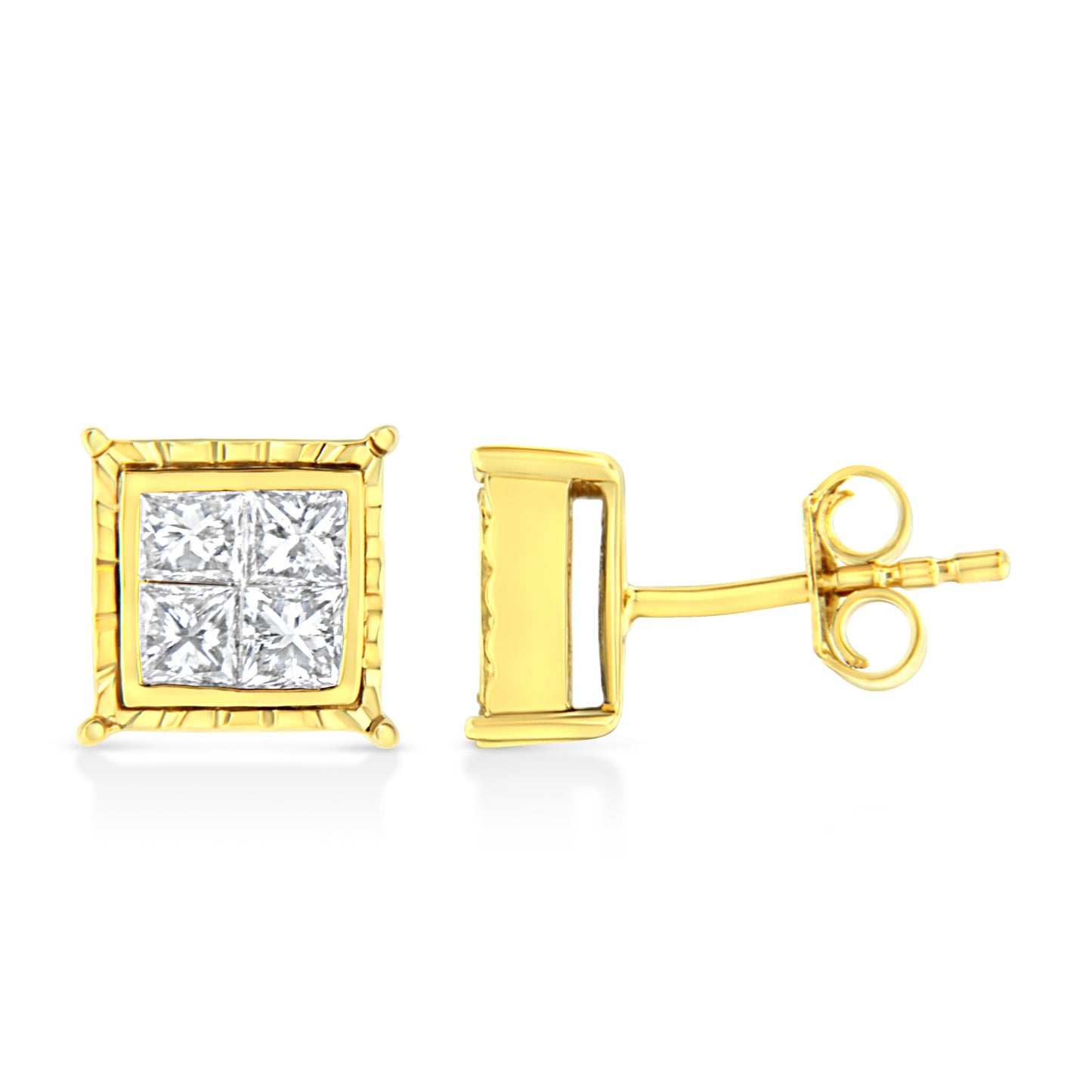 14K Yellow Gold 1.0 Cttw Invisible Set Princess-Cut Diamond Composite 8 Stone Stud Earrings (I-J Color, SI1-SI2 Clarity) Bids.com