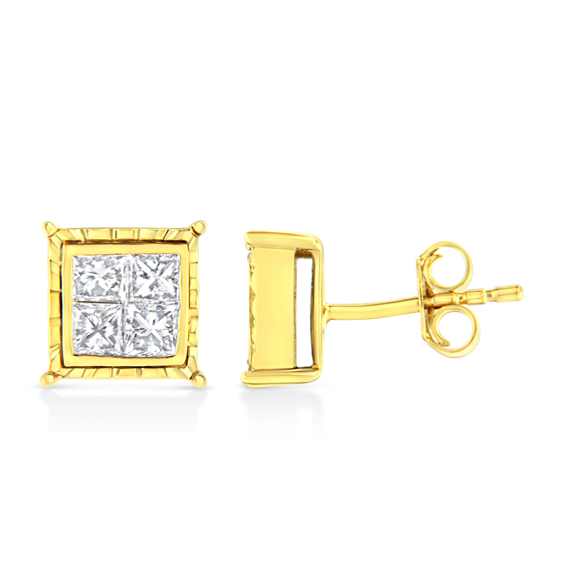14K Yellow Gold 1.0 Cttw Invisible Set Princess-Cut Diamond Composite 8 Stone Stud Earrings (I-J Color, SI1-SI2 Clarity) Bids.com