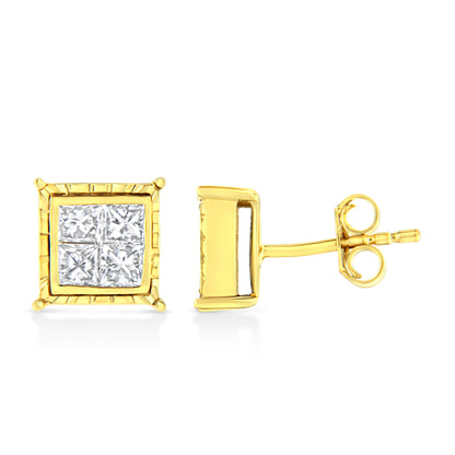 14K Yellow Gold 1.0 Cttw Invisible Set Princess-Cut Diamond Composite 8 Stone Stud Earrings (I-J Color, SI1-SI2 Clarity) Bids.com