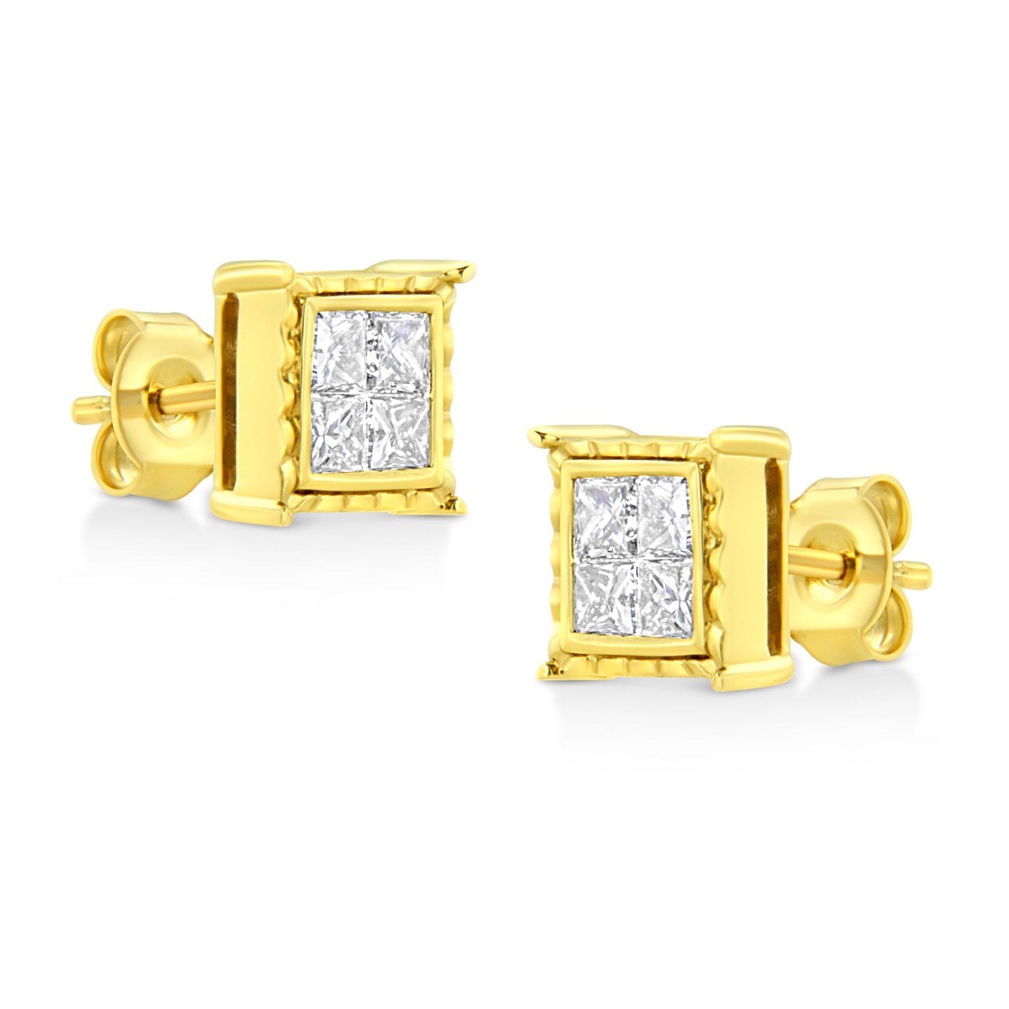 14K Yellow Gold 1.0 Cttw Invisible Set Princess-Cut Diamond Composite 8 Stone Stud Earrings (I-J Color, SI1-SI2 Clarity) Bids.com