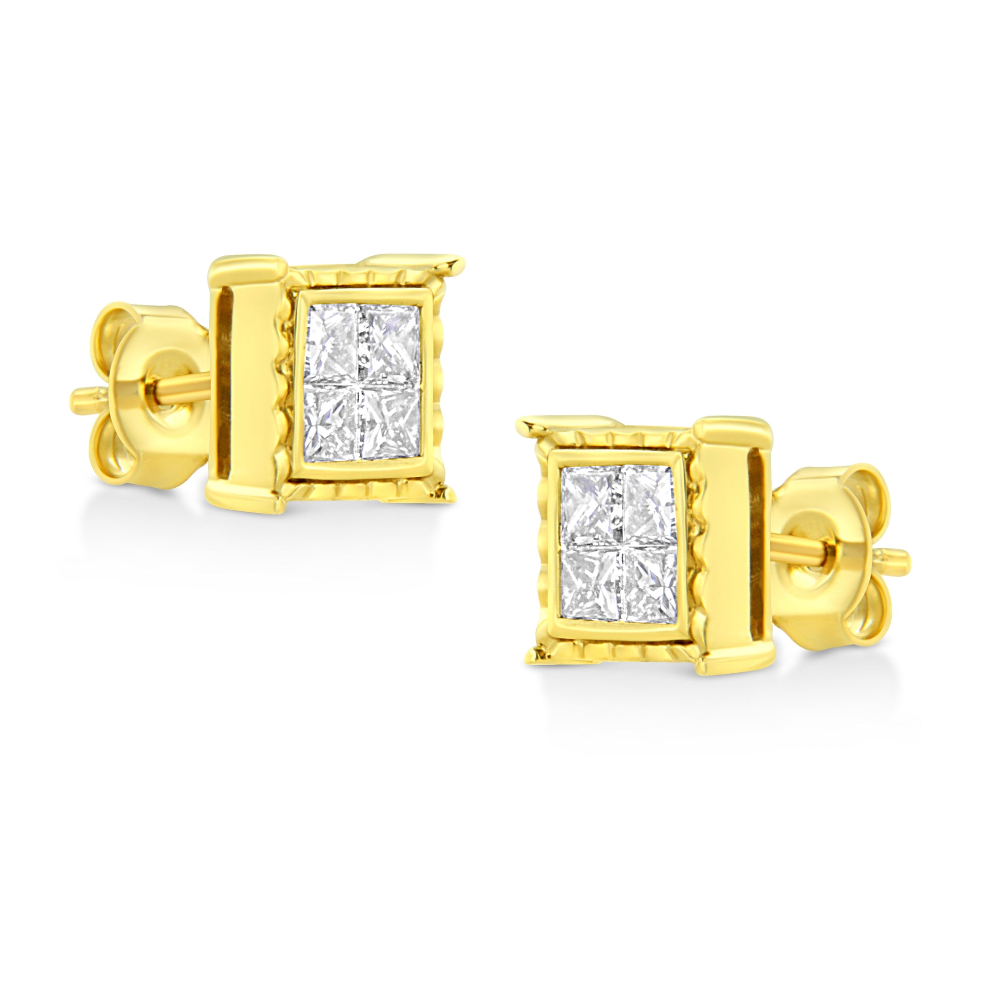 14K Yellow Gold 1.0 Cttw Invisible Set Princess-Cut Diamond Composite 8 Stone Stud Earrings (I-J Color, SI1-SI2 Clarity) Bids.com