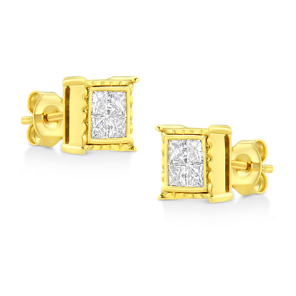 14K Yellow Gold 1.0 Cttw Invisible Set Princess-Cut Diamond Composite 8 Stone Stud Earrings (I-J Color, SI1-SI2 Clarity) Bids.com