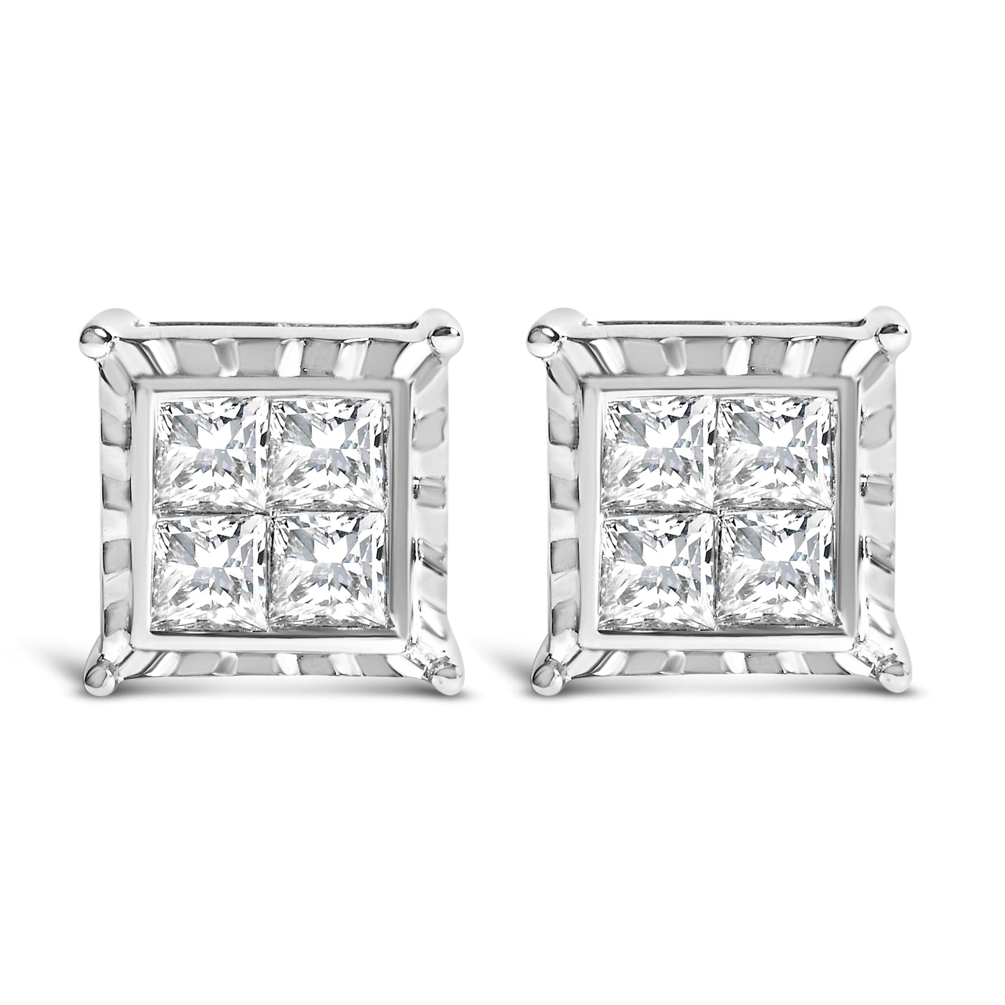 14K White Gold 2.00 Cttw Invisible Set Princess-Cut Lab Grown Diamond Wavy Quad Stud Earrings Bids.com