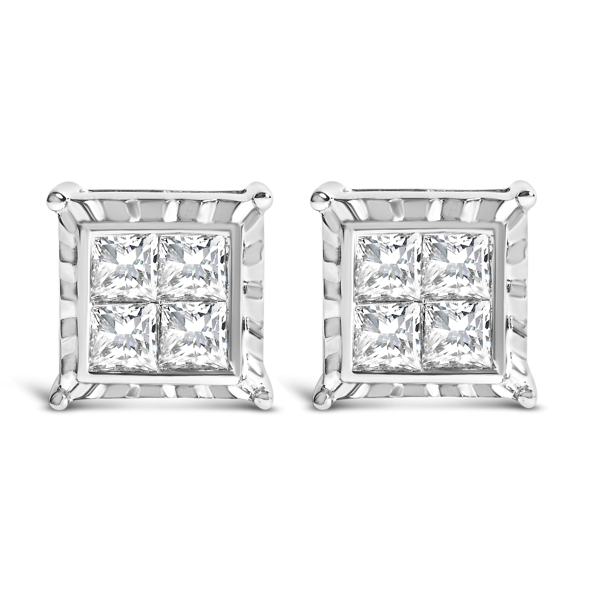 14K White Gold 2.00 Cttw Invisible Set Princess-Cut Lab Grown Diamond Wavy Quad Stud Earrings Bids.com