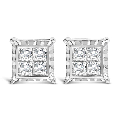 14K White Gold 2.00 Cttw Invisible Set Princess-Cut Lab Grown Diamond Wavy Quad Stud Earrings Bids.com