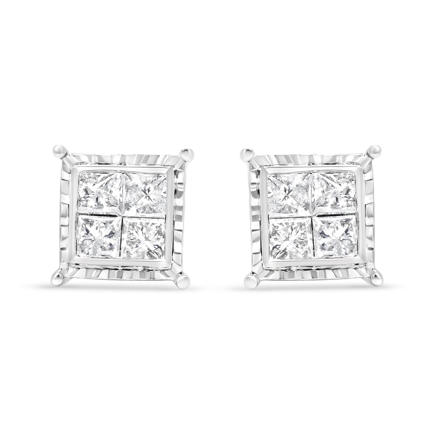 14K White Gold 1 1/2 Cttw Invisible Set Princess-Cut Diamond Contemporary Wavy Quad Stud Earrings (I-J Color, I1-I2 Clarity) Bids.com