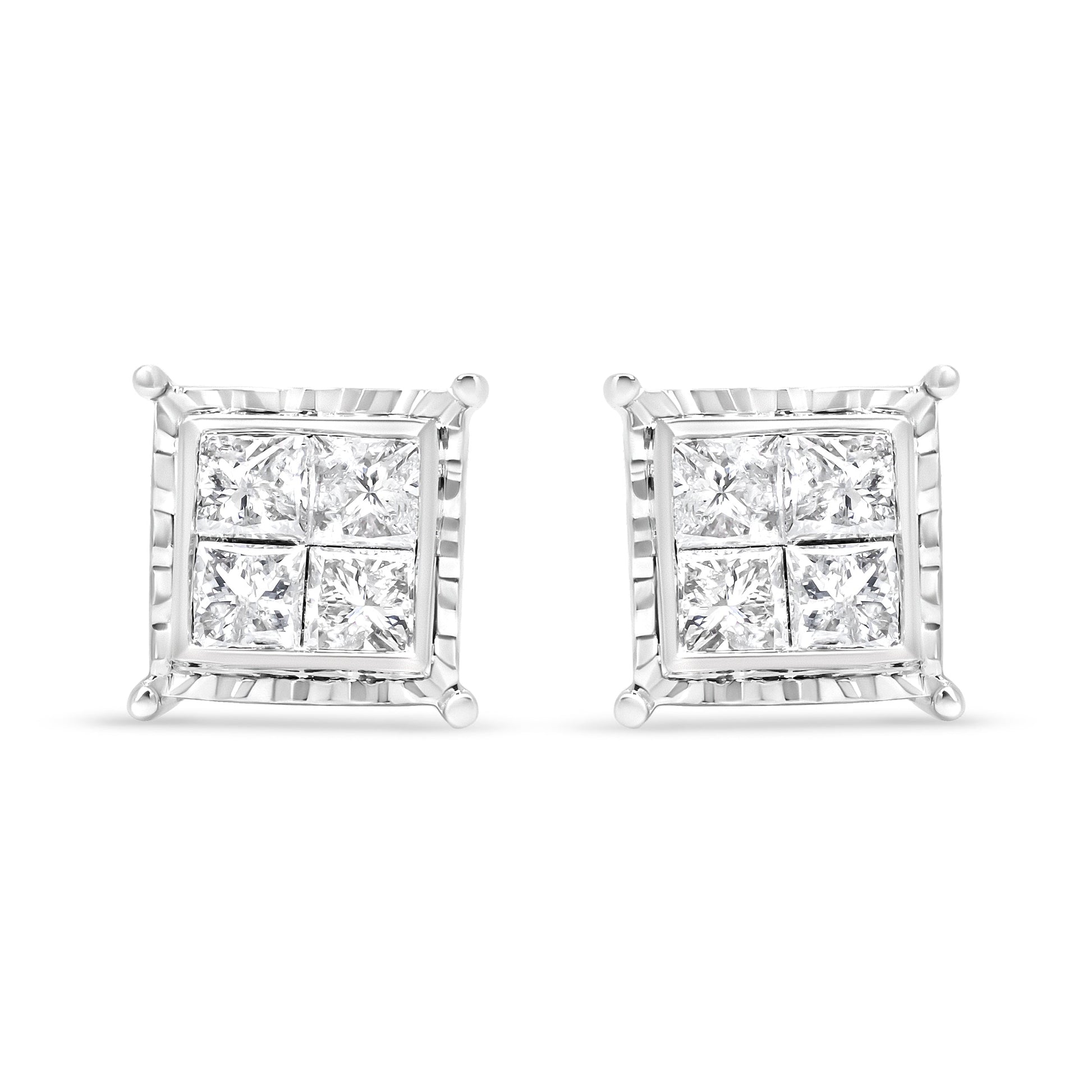 14K White Gold 1 1/2 Cttw Invisible Set Princess-Cut Diamond Contemporary Wavy Quad Stud Earrings (I-J Color, I1-I2 Clarity) Bids.com