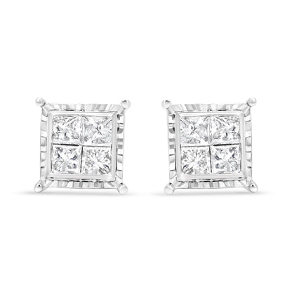 14K White Gold 1 1/2 Cttw Invisible Set Princess-Cut Diamond Contemporary Wavy Quad Stud Earrings (I-J Color, I1-I2 Clarity) Bids.com