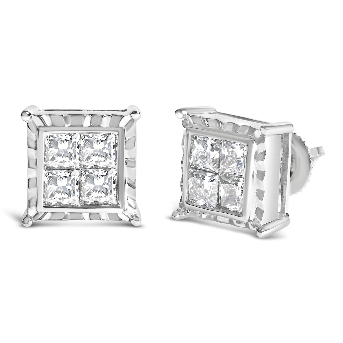 14K White Gold 2.00 Cttw Invisible Set Princess-Cut Lab Grown Diamond Wavy Quad Stud Earrings Bids.com
