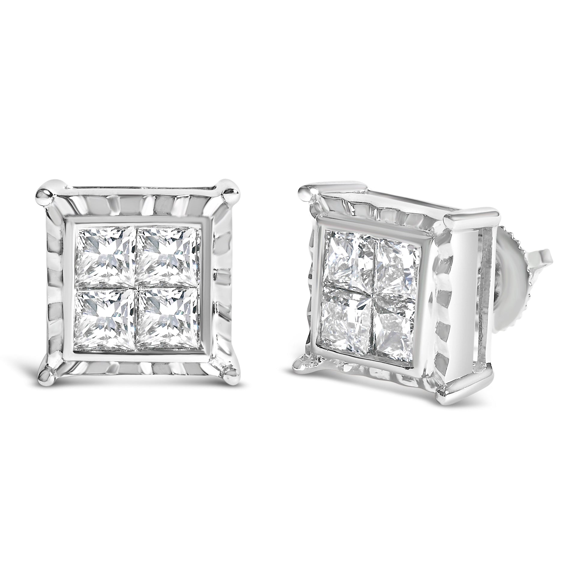 14K White Gold 2.00 Cttw Invisible Set Princess-Cut Lab Grown Diamond Wavy Quad Stud Earrings Bids.com