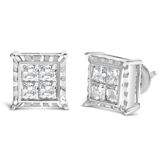 14K White Gold 2.00 Cttw Invisible Set Princess-Cut Lab Grown Diamond Wavy Quad Stud Earrings Bids.com