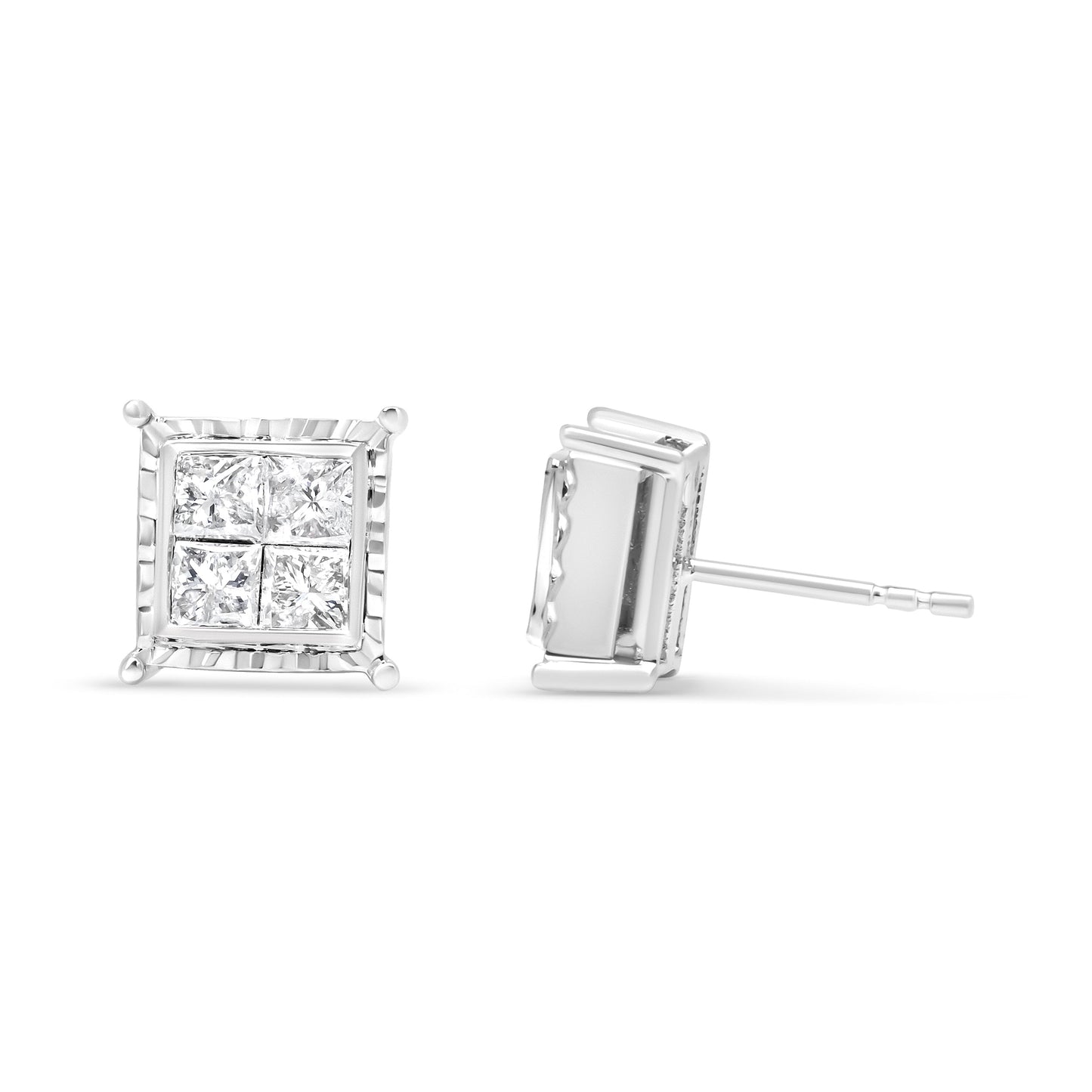 14K White Gold 1 1/2 Cttw Invisible Set Princess-Cut Diamond Contemporary Wavy Quad Stud Earrings (I-J Color, I1-I2 Clarity) Bids.com