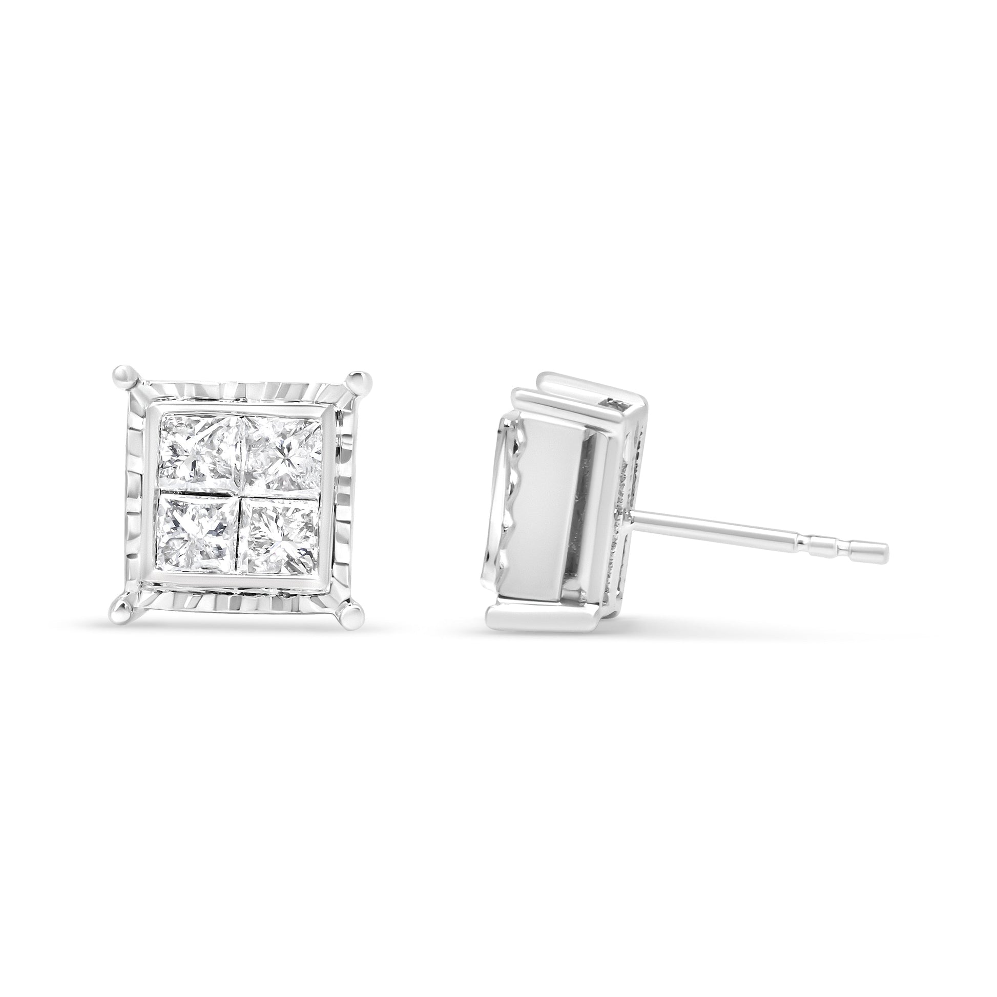 14K White Gold 1 1/2 Cttw Invisible Set Princess-Cut Diamond Contemporary Wavy Quad Stud Earrings (I-J Color, I1-I2 Clarity) Bids.com