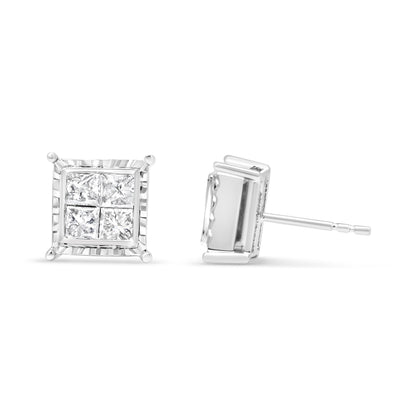 14K White Gold 1 1/2 Cttw Invisible Set Princess-Cut Diamond Contemporary Wavy Quad Stud Earrings (I-J Color, I1-I2 Clarity) Bids.com