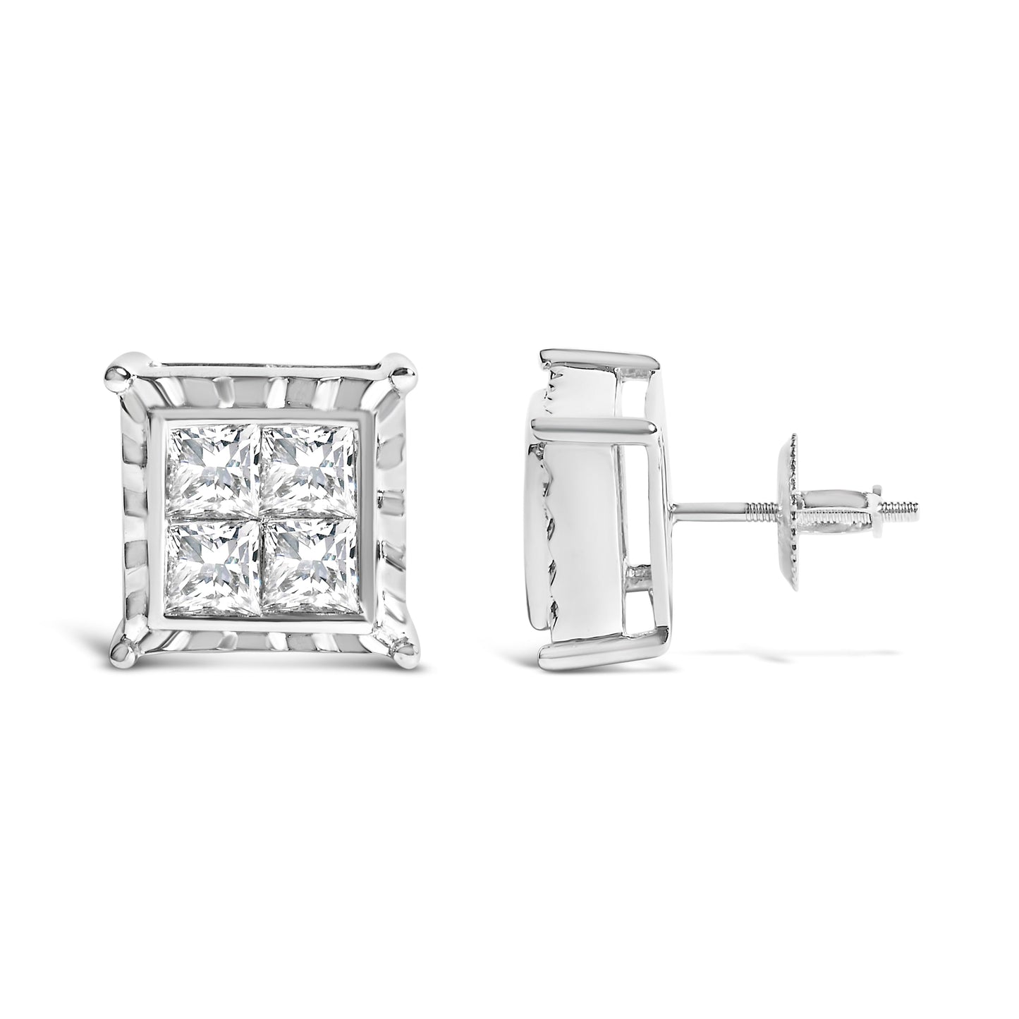 14K White Gold 2.00 Cttw Invisible Set Princess-Cut Lab Grown Diamond Wavy Quad Stud Earrings Bids.com