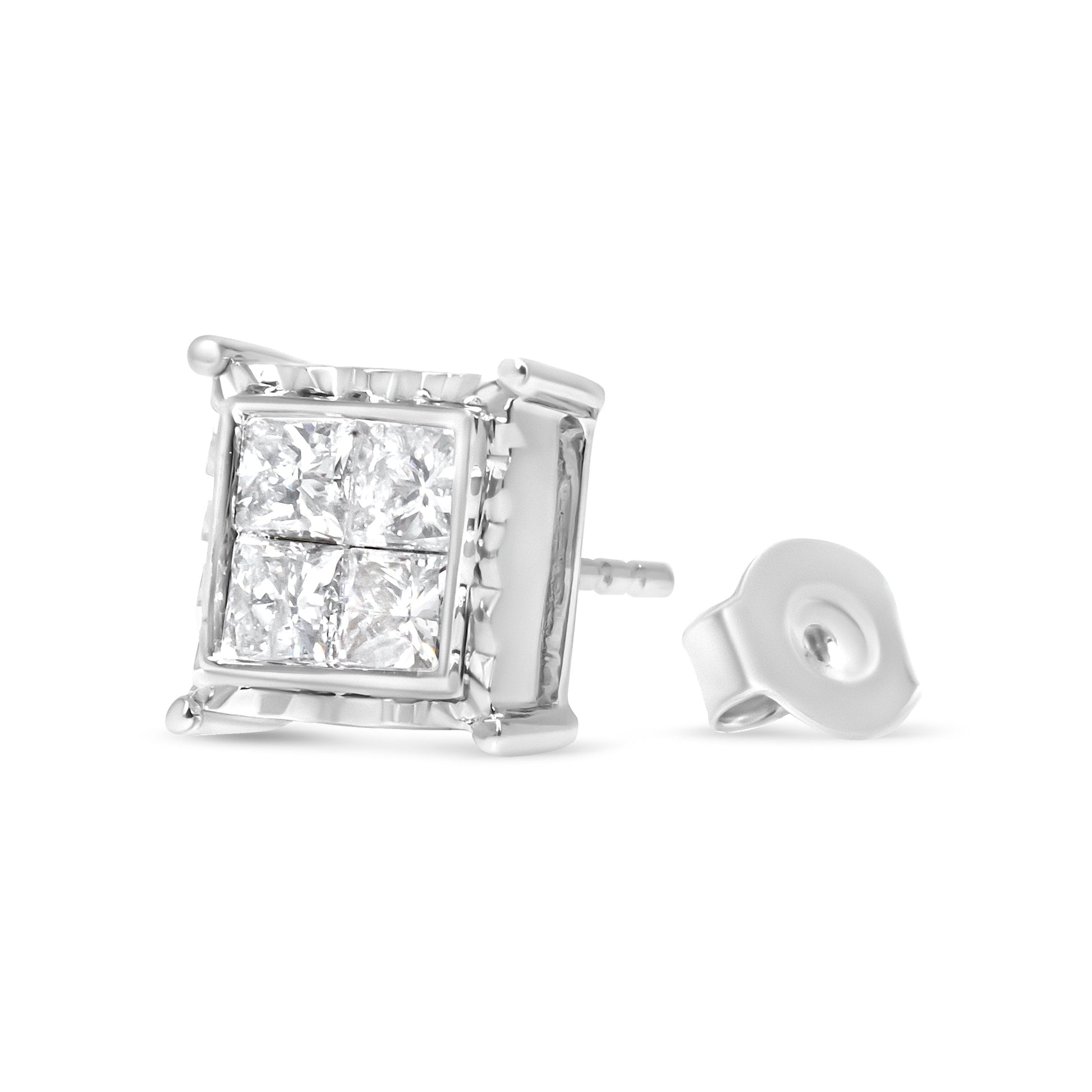 14K White Gold 1 1/2 Cttw Invisible Set Princess-Cut Diamond Contemporary Wavy Quad Stud Earrings (I-J Color, I1-I2 Clarity) Bids.com