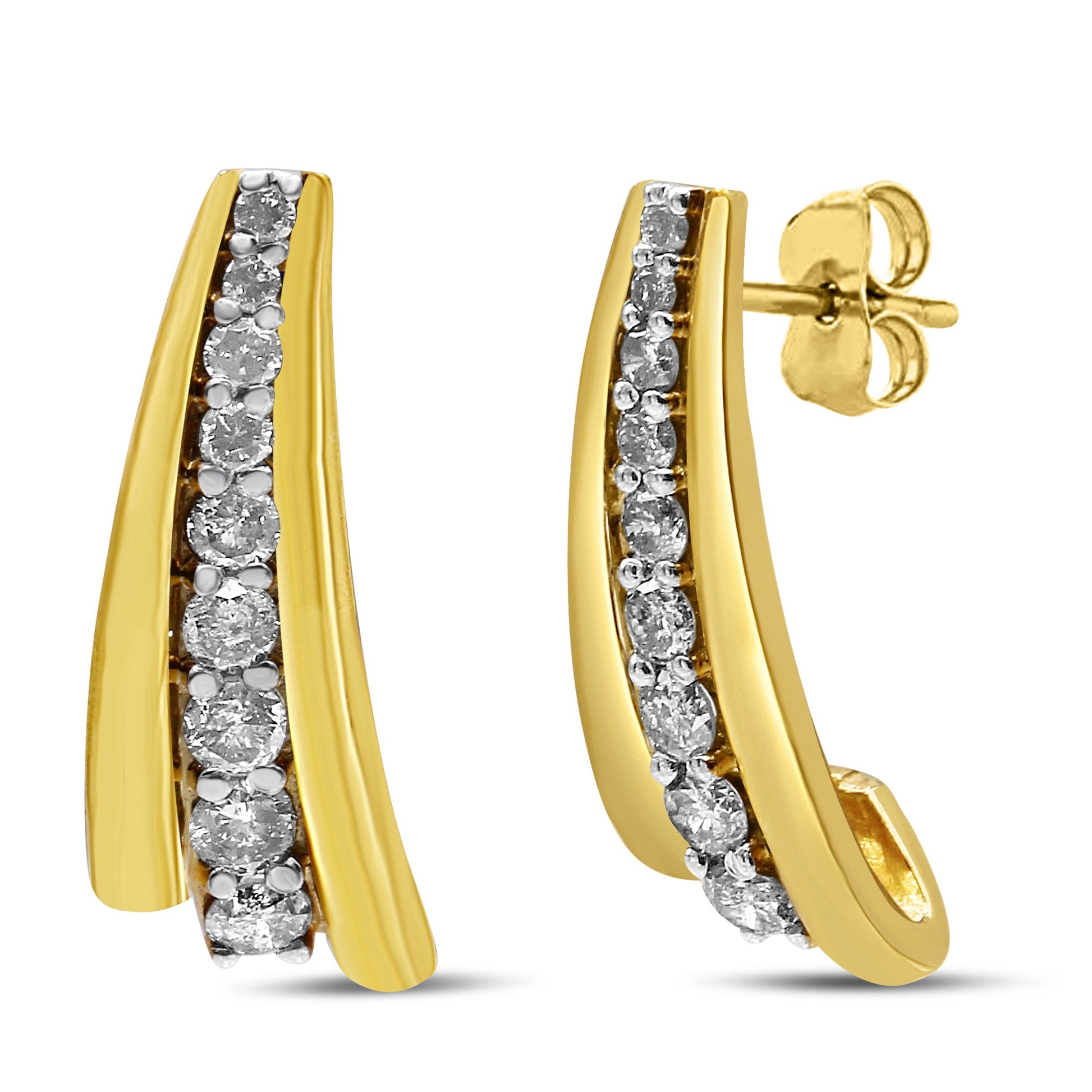 10K Yellow Gold Plated .925 Sterling Silver 1.00 Cttw Round Diamond Graduated Huggie Stud Earrings (I-J Color, I2-I3 Clarity) Bids.com
