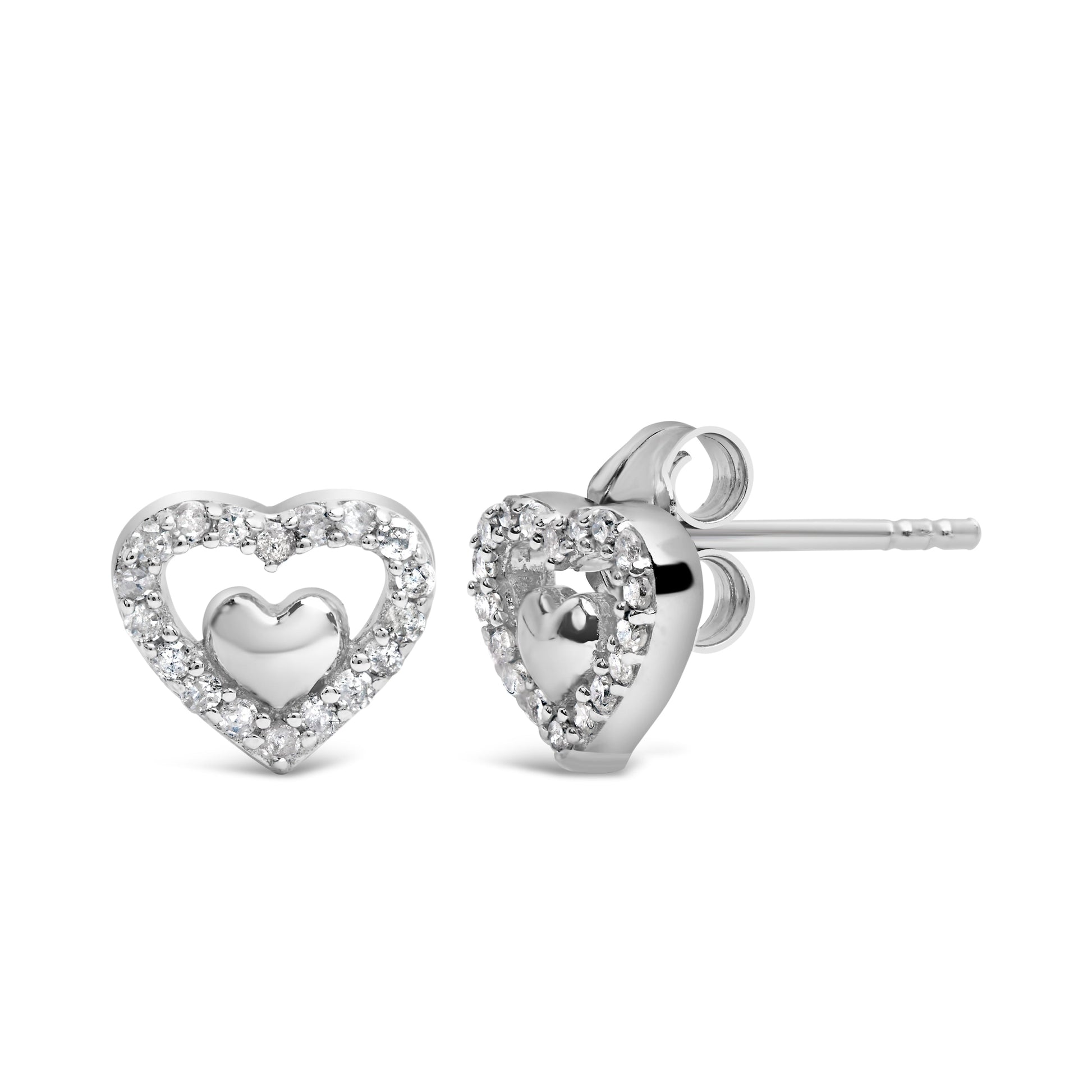 925 Sterling Silver 1/6 Cttw Diamond Open Double Heart Stud Earrings (I-J Color, I3 Clarity) Bids.com