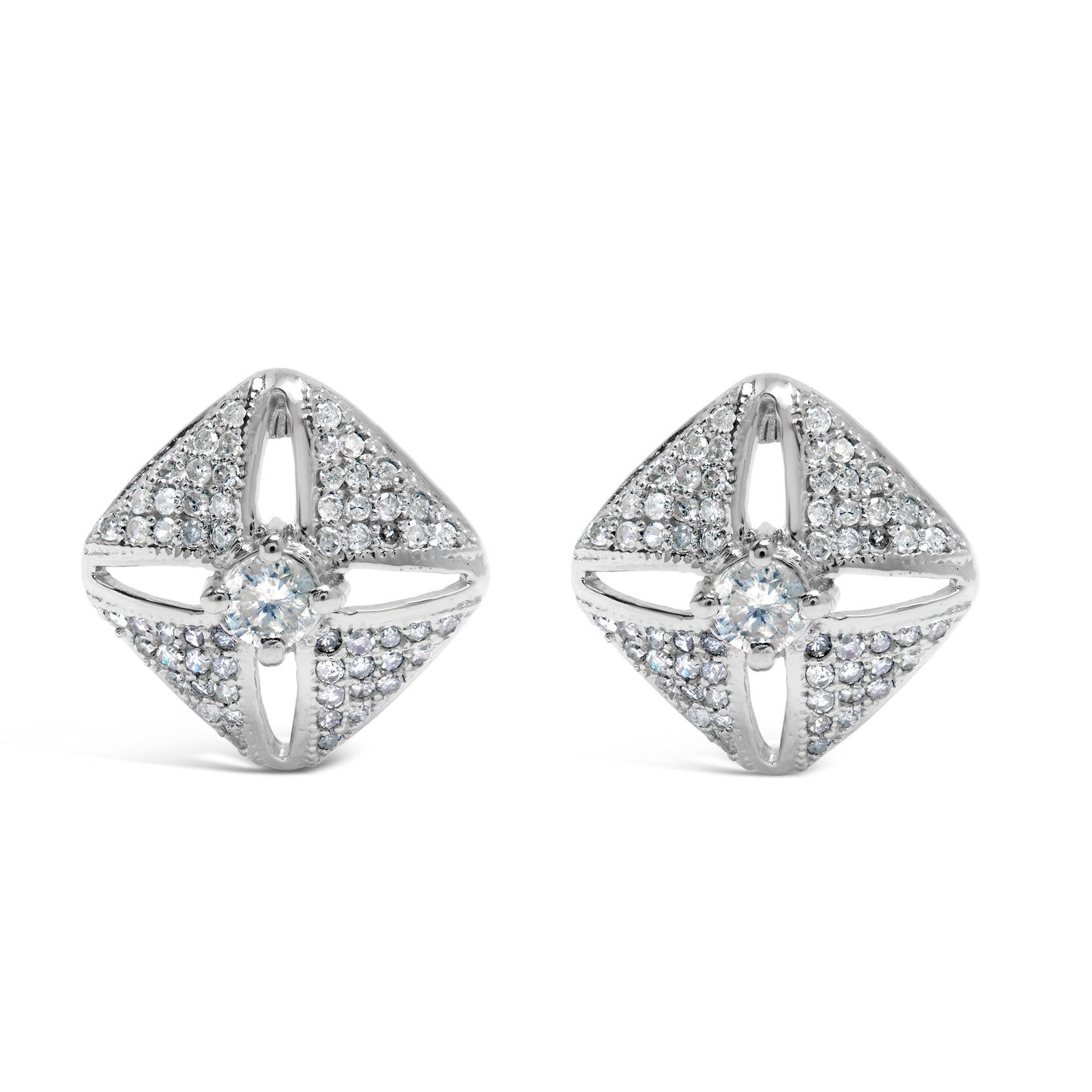 .925 Sterling Silver 1.0 Cttw Diamond Studded Rhombus Stud Earring (H-I Color, I2-I3 Clarity) Bids.com