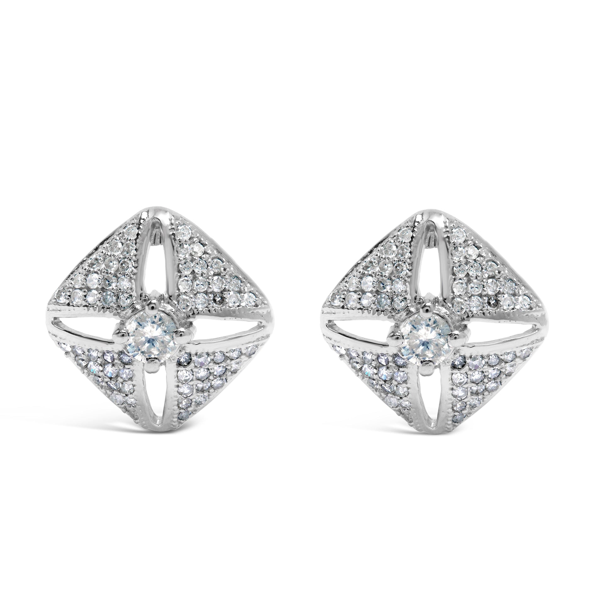.925 Sterling Silver 1.0 Cttw Diamond Studded Rhombus Stud Earring (H-I Color, I2-I3 Clarity) Bids.com