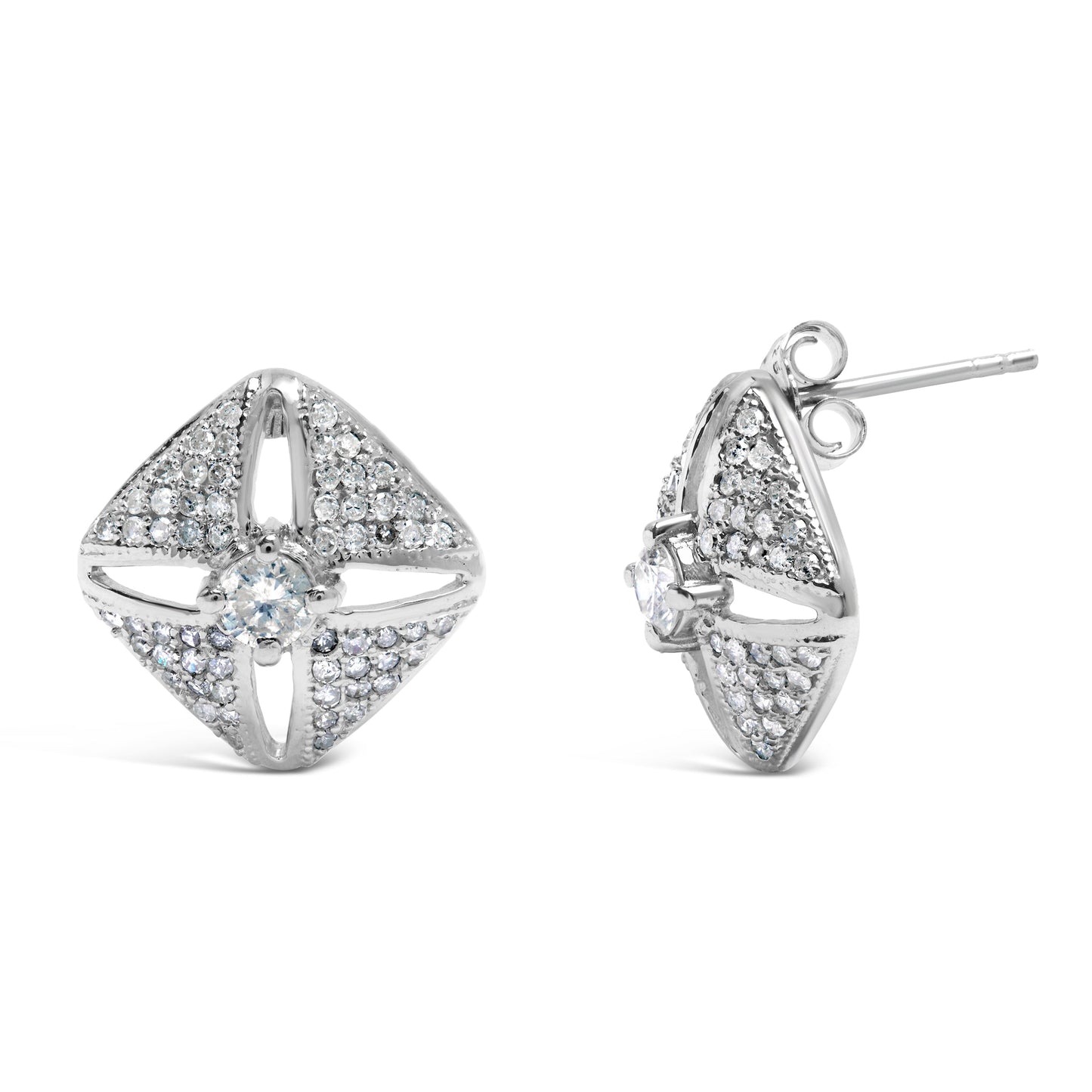 .925 Sterling Silver 1.0 Cttw Diamond Studded Rhombus Stud Earring (H-I Color, I2-I3 Clarity) Bids.com