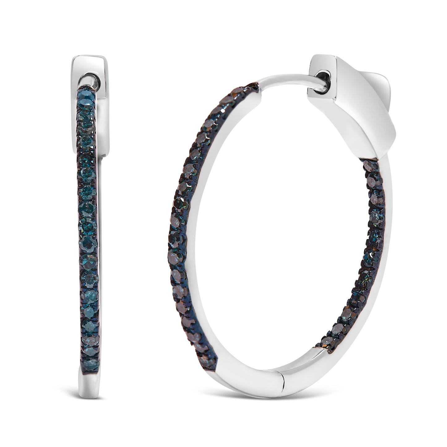 .925 Sterling Silver 1/3 Cttw Inside Out Blue Treated Diamond 1MM Wide Hoop Earrings (Blue Color, I2-I3 Clarity) Bids.com