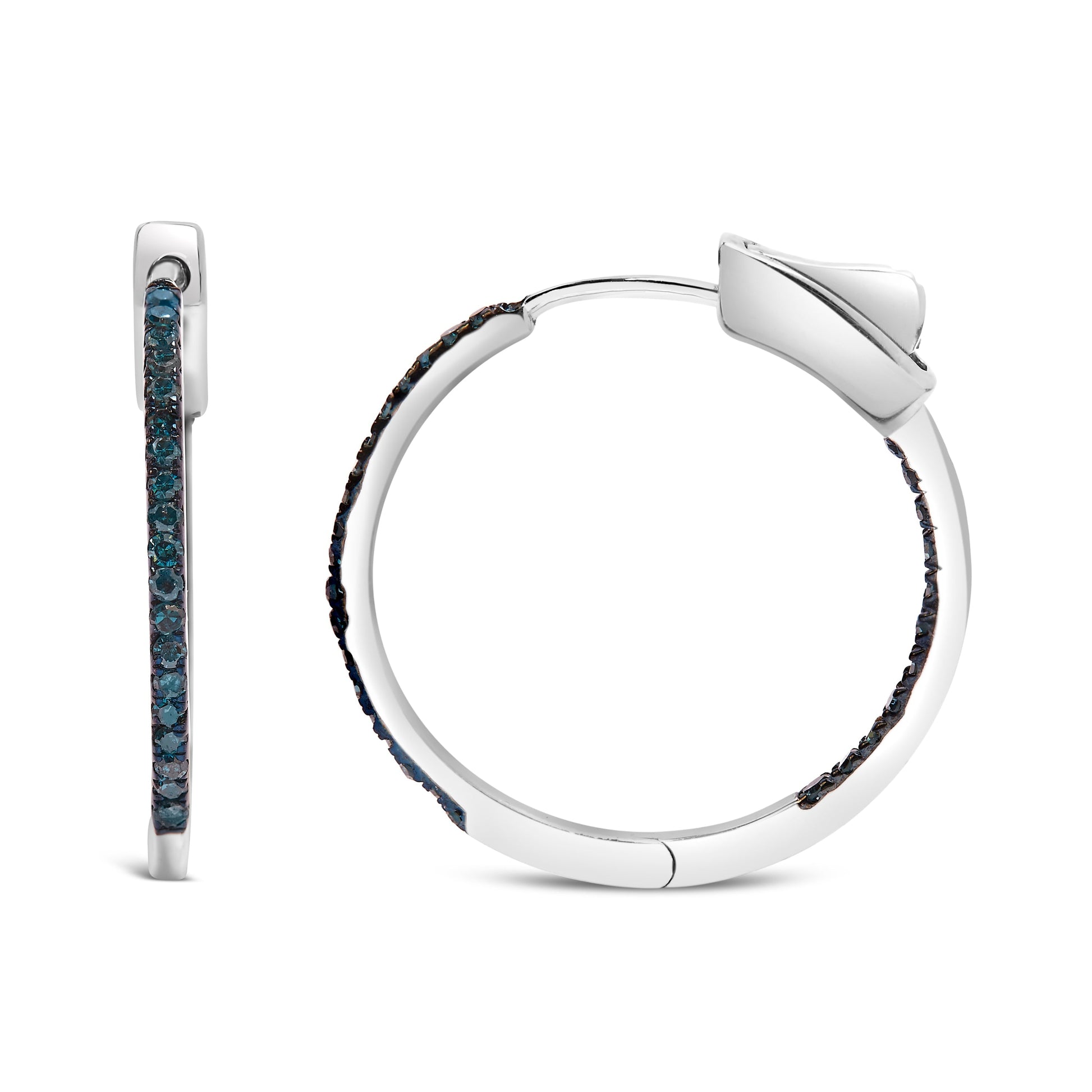 .925 Sterling Silver 1/3 Cttw Inside Out Blue Treated Diamond 1MM Wide Hoop Earrings (Blue Color, I2-I3 Clarity) Bids.com