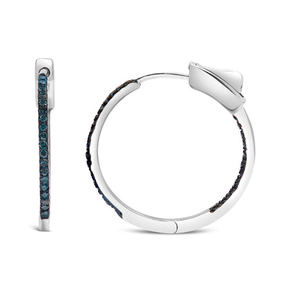 .925 Sterling Silver 1/3 Cttw Inside Out Blue Treated Diamond 1MM Wide Hoop Earrings (Blue Color, I2-I3 Clarity) Bids.com