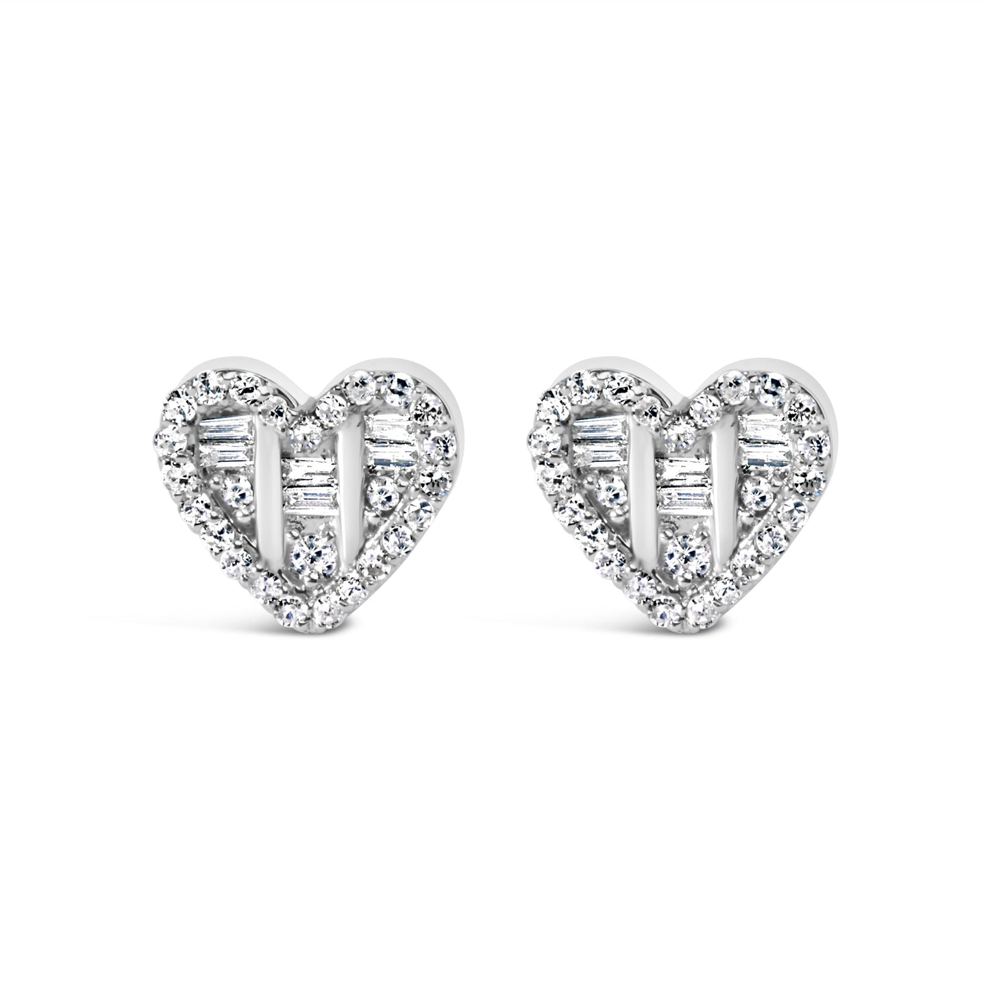 14K Yellow Gold Plated .925 Sterling Silver 1/2 Cttw Round and Baguette Diamond Composite Heart Shaped Stud Earring (I-J Color, SI2-I1 Clarity) Bids.com