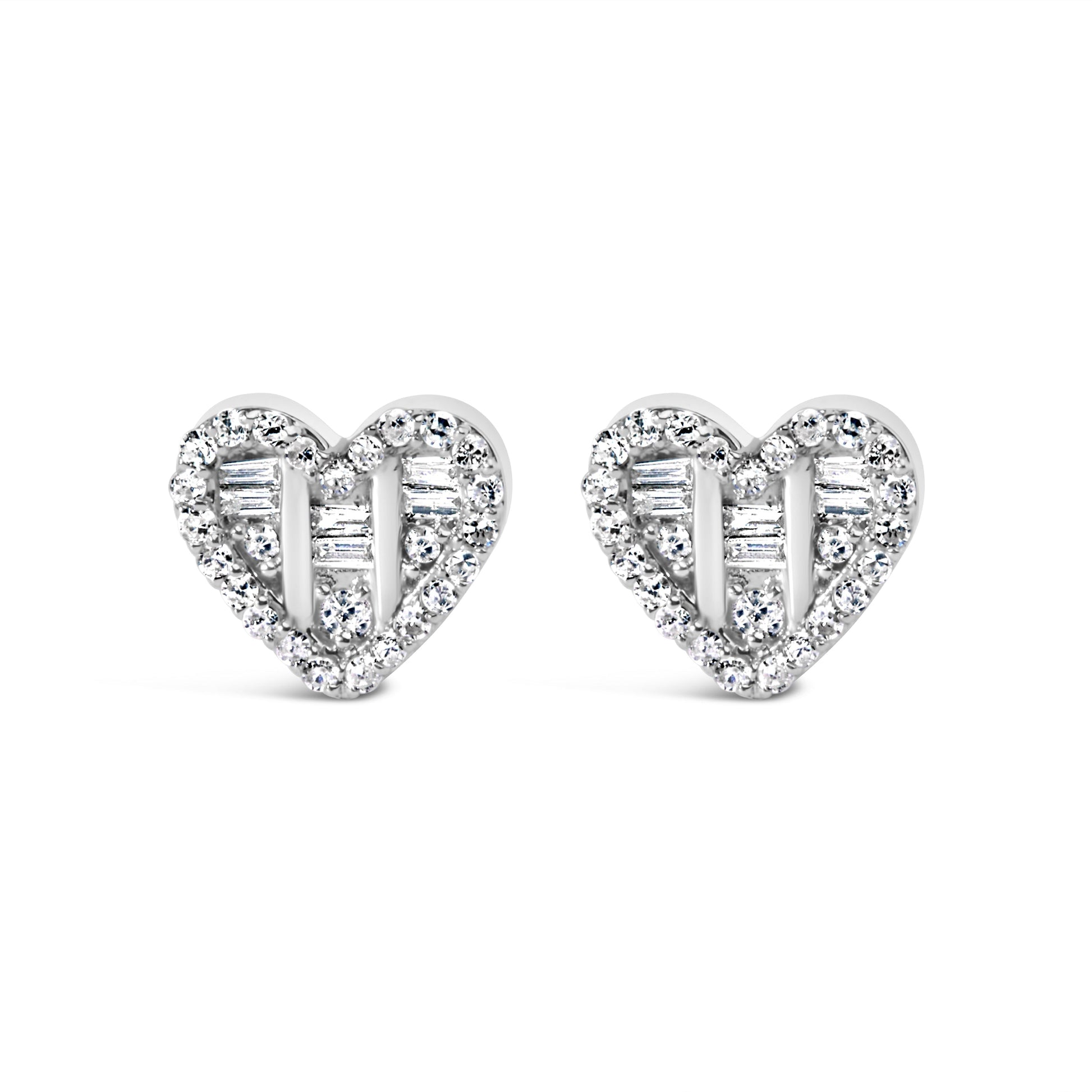 14K Yellow Gold Plated .925 Sterling Silver 1/2 Cttw Round and Baguette Diamond Composite Heart Shaped Stud Earring (I-J Color, SI2-I1 Clarity) Bids.com