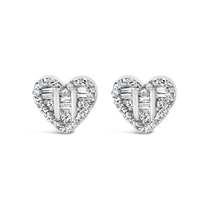 14K Yellow Gold Plated .925 Sterling Silver 1/2 Cttw Round and Baguette Diamond Composite Heart Shaped Stud Earring (I-J Color, SI2-I1 Clarity) Bids.com