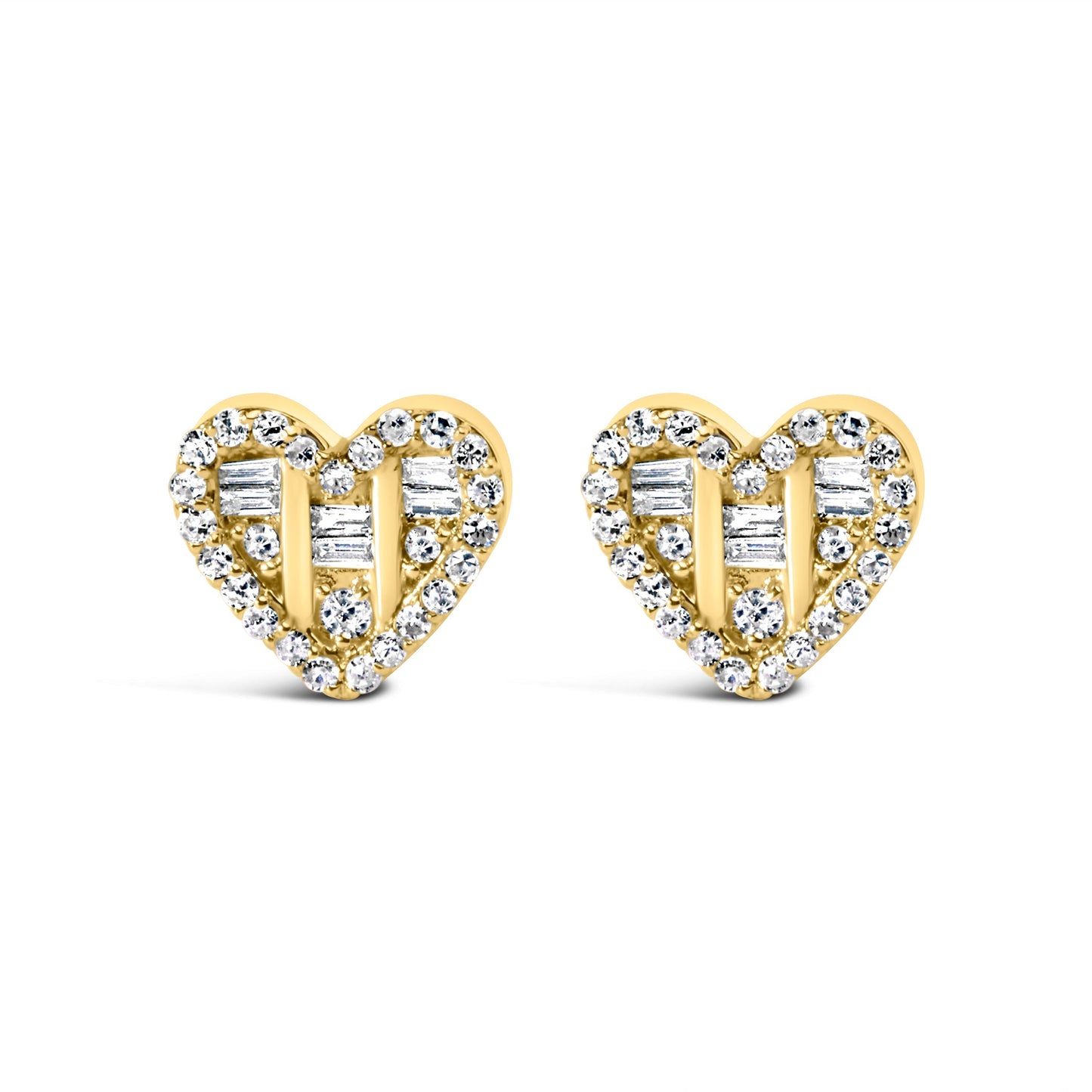 14K Yellow Gold Plated .925 Sterling Silver 1/2 Cttw Round and Baguette Diamond Composite Heart Shaped Stud Earring (I-J Color, SI2-I1 Clarity) Bids.com