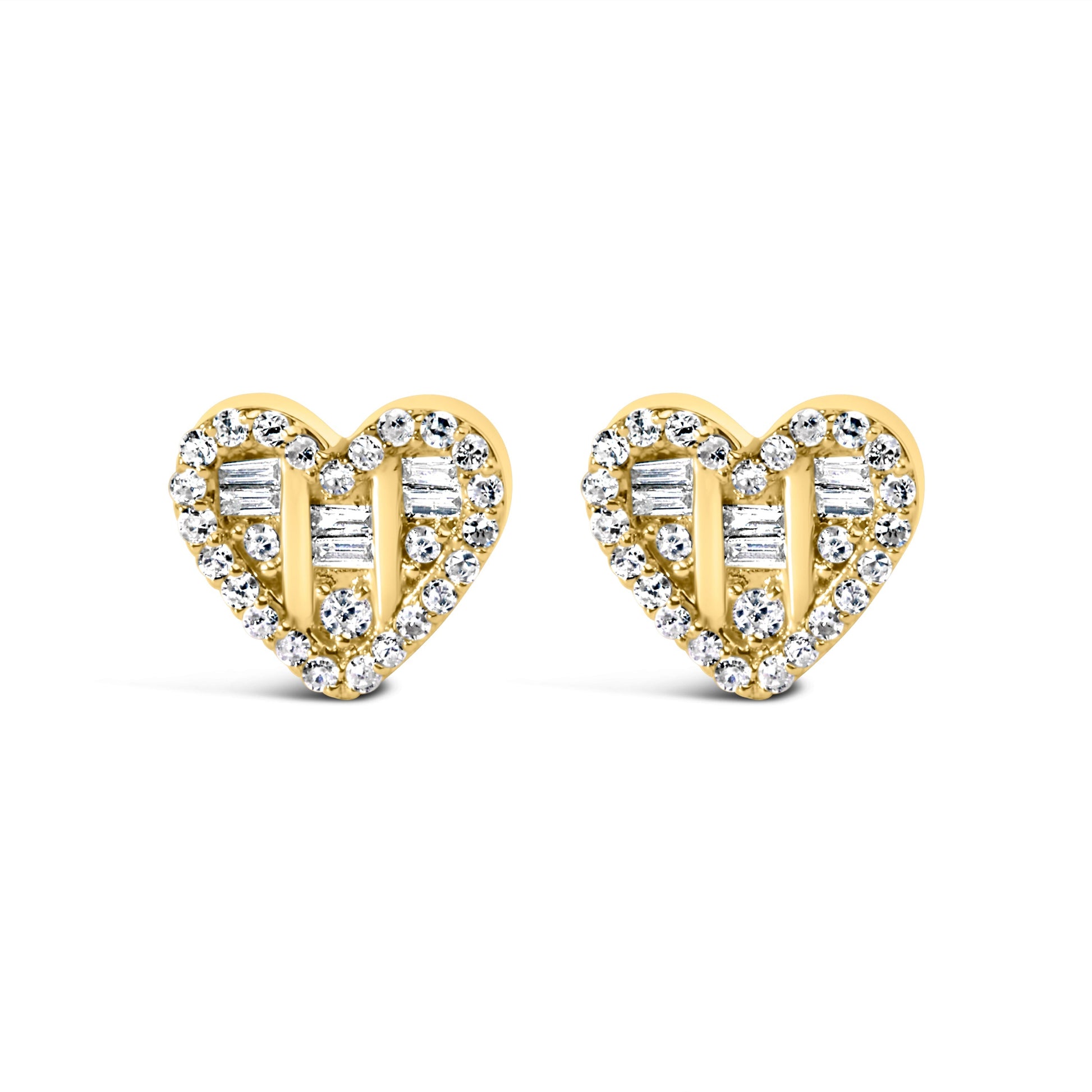 14K Yellow Gold Plated .925 Sterling Silver 1/2 Cttw Round and Baguette Diamond Composite Heart Shaped Stud Earring (I-J Color, SI2-I1 Clarity) Bids.com